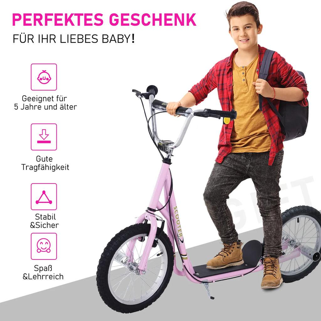 Vaikų paspirtukas su pneumatinėmis padangomis Kickscooter Scooter Tretroller Cityroller vaikams Kickboard 16 colių nuo 5 metų Aukščio reguliavimas Rožinis 143 x 58 x 92-100 cm