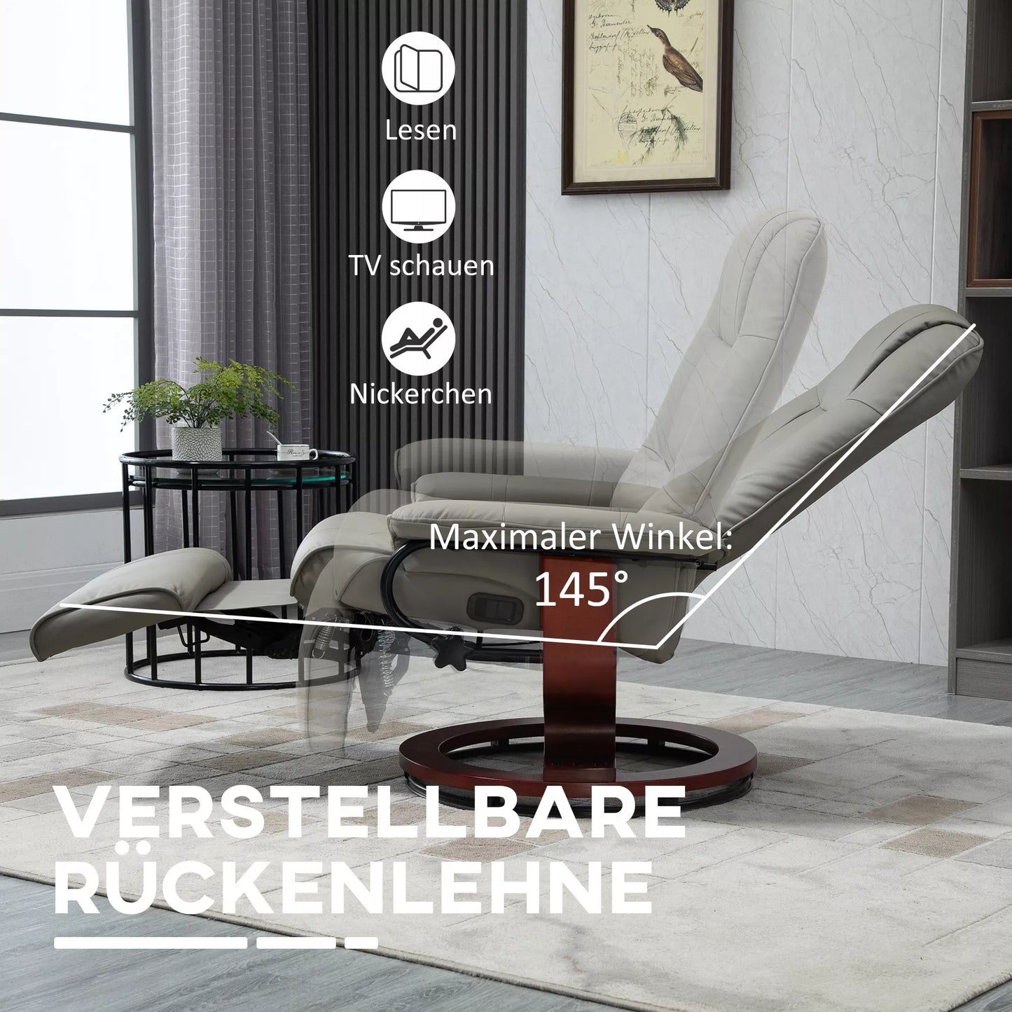 Relaksacinis krėslas, televizinis krėslas, atlošiamas krėslas, dirbtinė oda, 360° pasukamas, 145° atlošiamas, pilkas, 78 x 87 x 100 cm