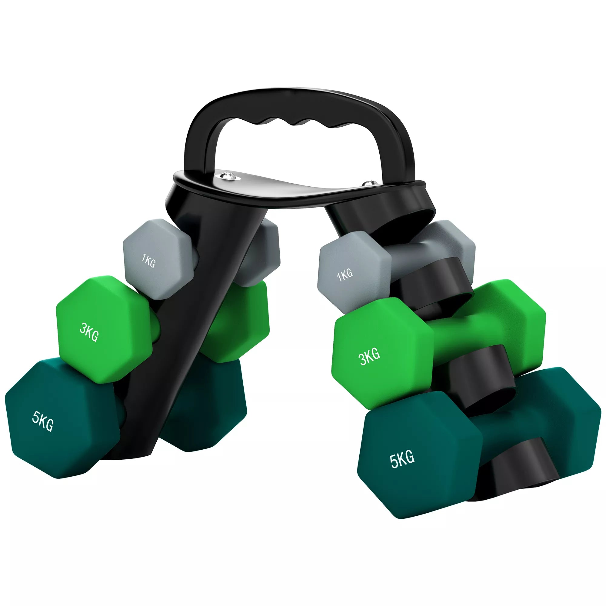Hantelų rinkinys su laikymo stovu, rinkinys su 6 hanteliais fitneso treniruotėms, 2 x 1 kg, 2 x 3 kg, 2 x 5 kg