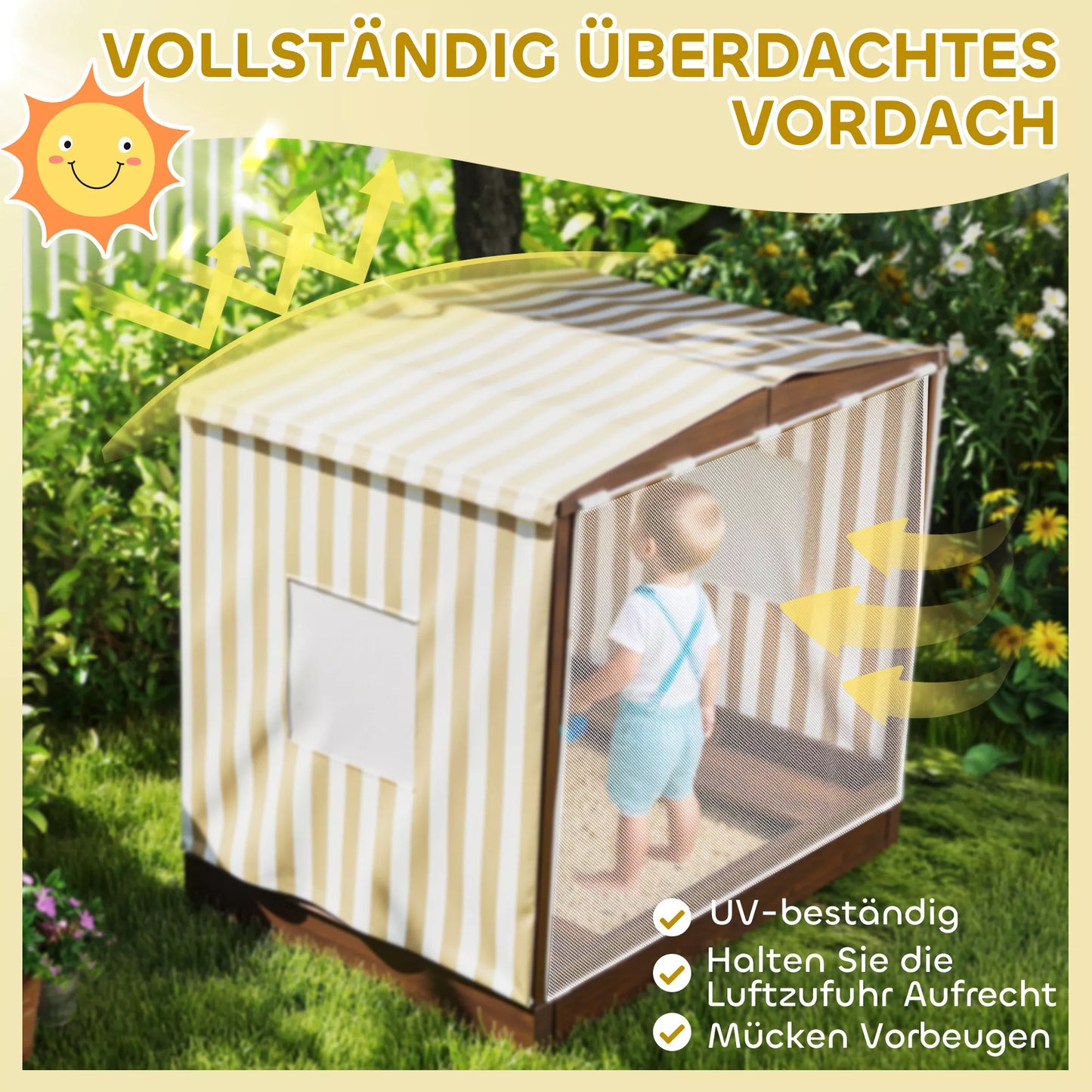 Smėlio dėžė su stogeliu ir tinklinėmis durelėmis, suoliukais, dugno apsauga, ruda