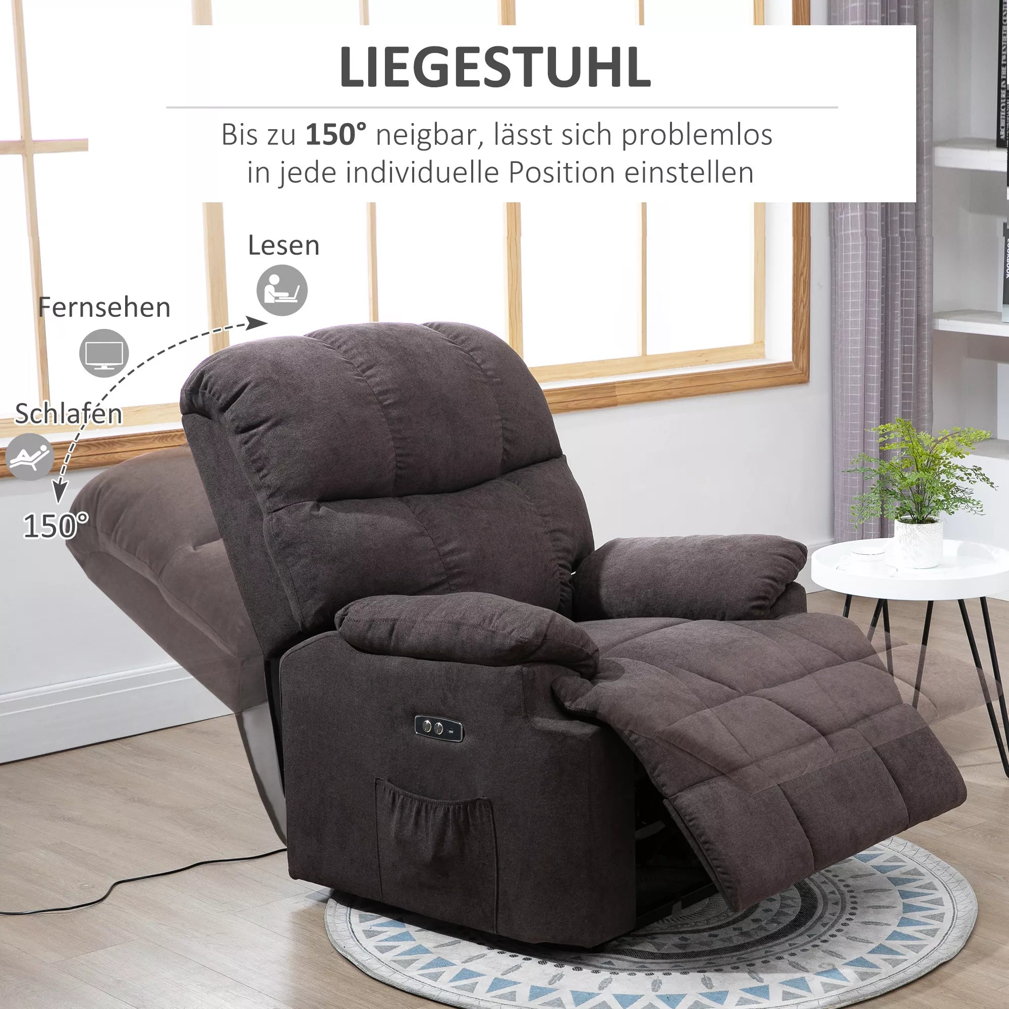 Atlošiamas pakeliamas krėslas, reguliuojamas, su USB jungtimi, šonine kišene, kojų atrama, putplasčio užpildu, rudas