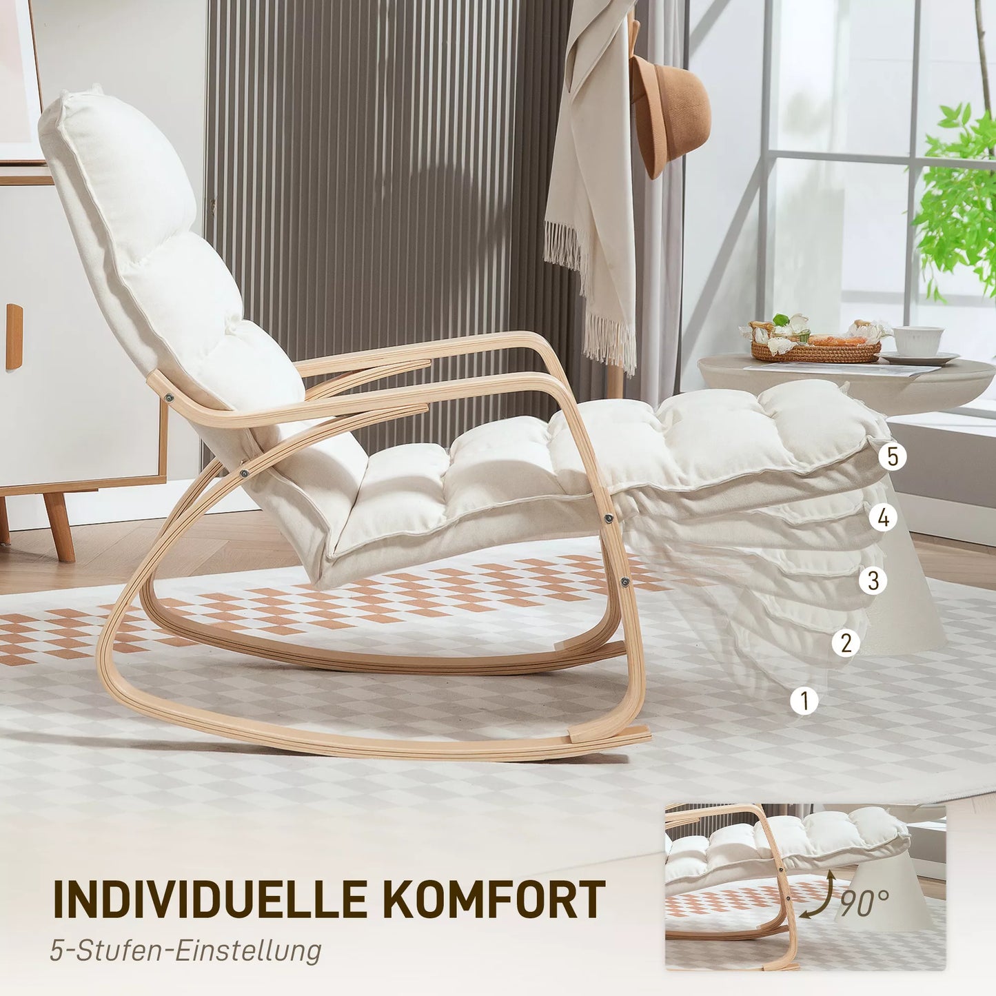 Paminkštintas supamasis krėslas, poilsio krėslas su porankiais ir plieniniu rėmu, tinkamas svetainei, miegamajam, kreminės baltos spalvos