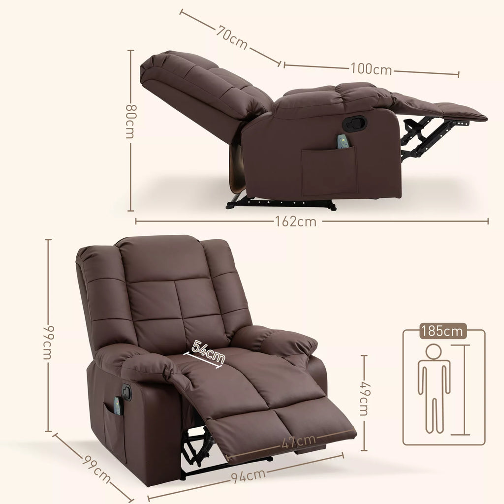 Massage chair, reclining with remote control 94 x 99 x 99 cm, brown faux leather