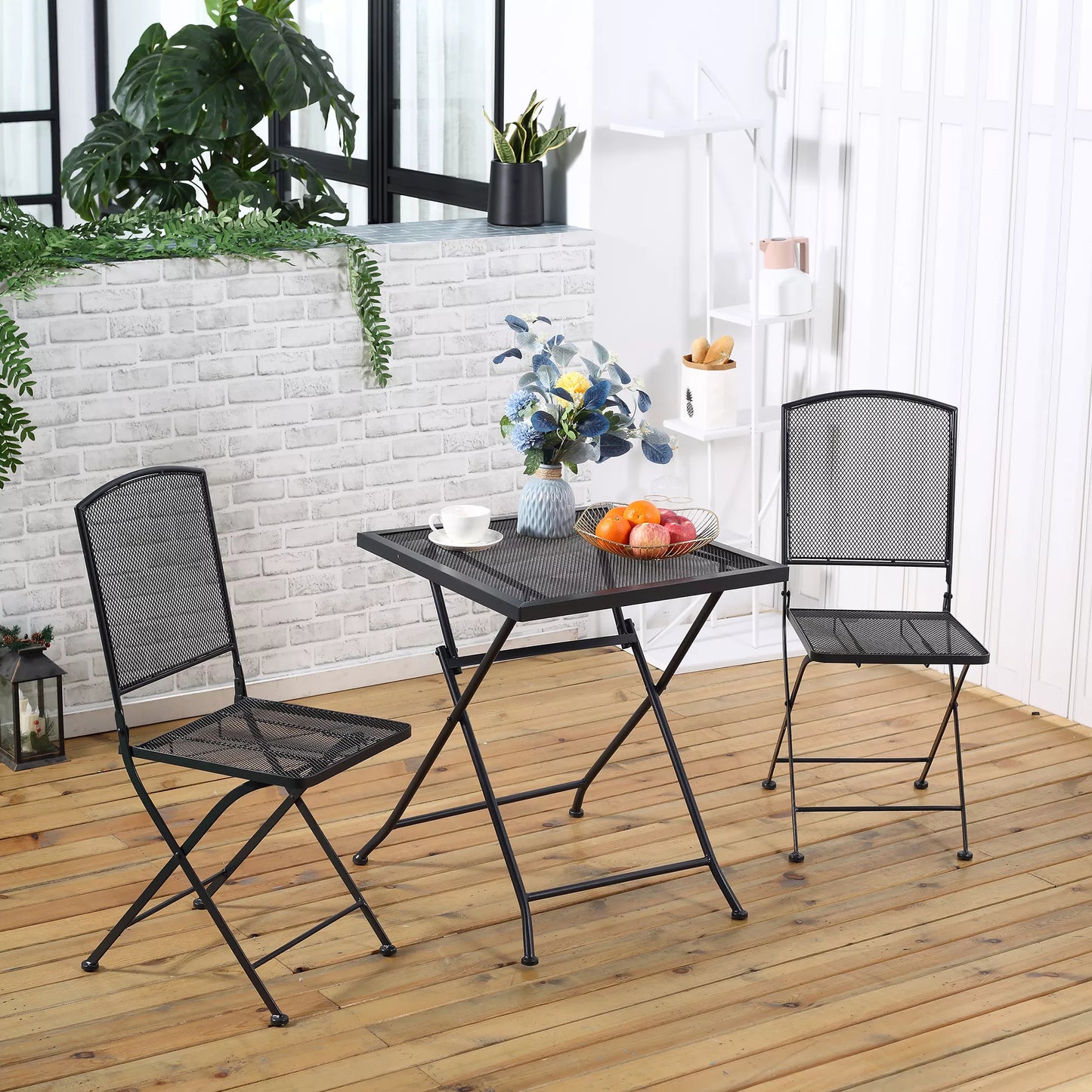 Sodo baldų komplektas 2 žmonėms, Bistro rinkinys, 1 stalas + 2 sulankstomos kėdės, Terasa, Balkonas, Metalas, Pilkas