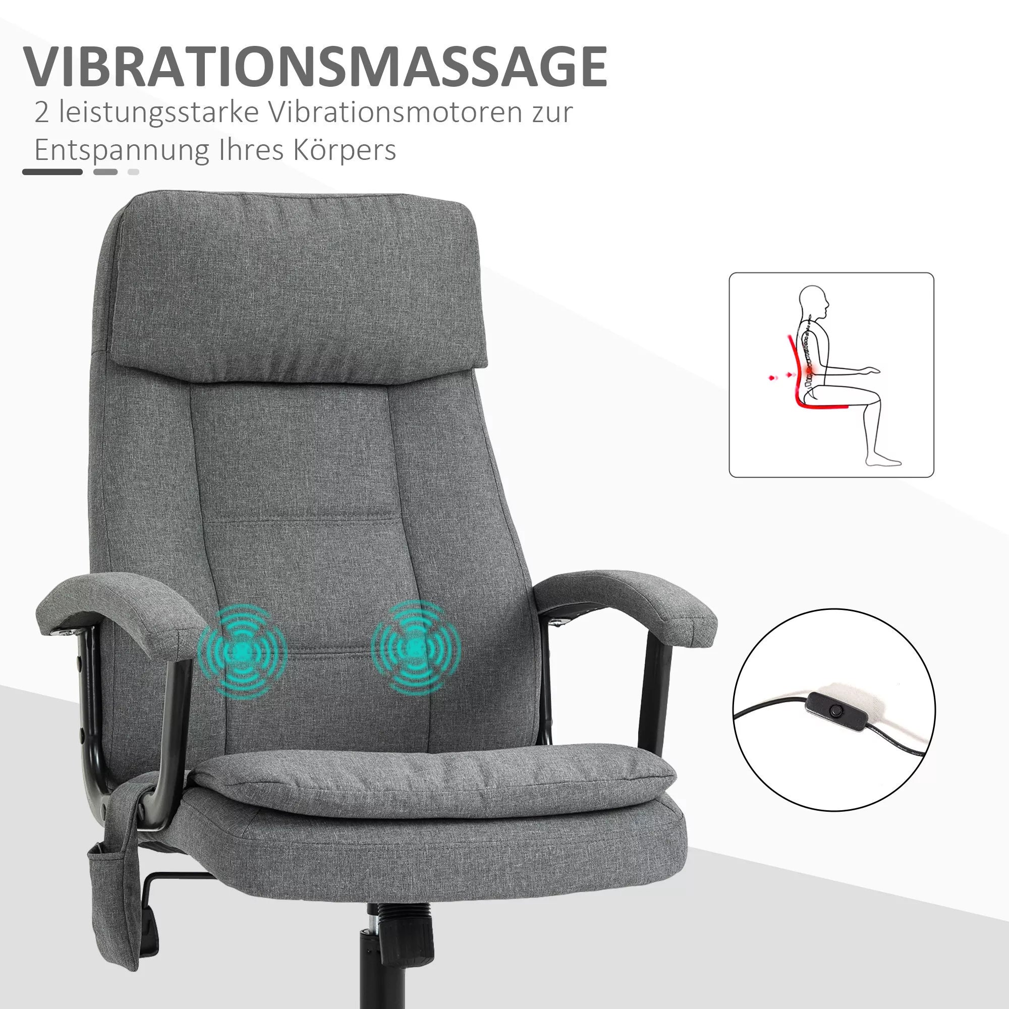 Biuro kėdė su masažu, aukščio reguliavimo, vadovo kėdė, žaidimų kėdė su masažo funkcija, ergonomiška sukama kėdė, masažinis krėslas, juosmens masažas, pilkos spalvos, su lino pojūčiu, 63 x 70 x 112-121 cm
