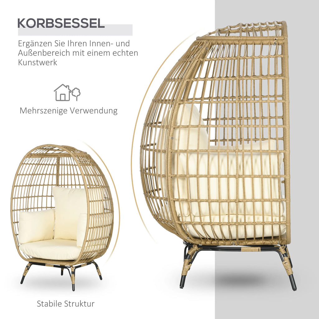 Rattaninio stiliaus krepšinė kėdė, minkštos sėdynės pagalvėlės, aliuminio rėmas, chaki + smėlio spalvos, 105 x 90 x 148 cm