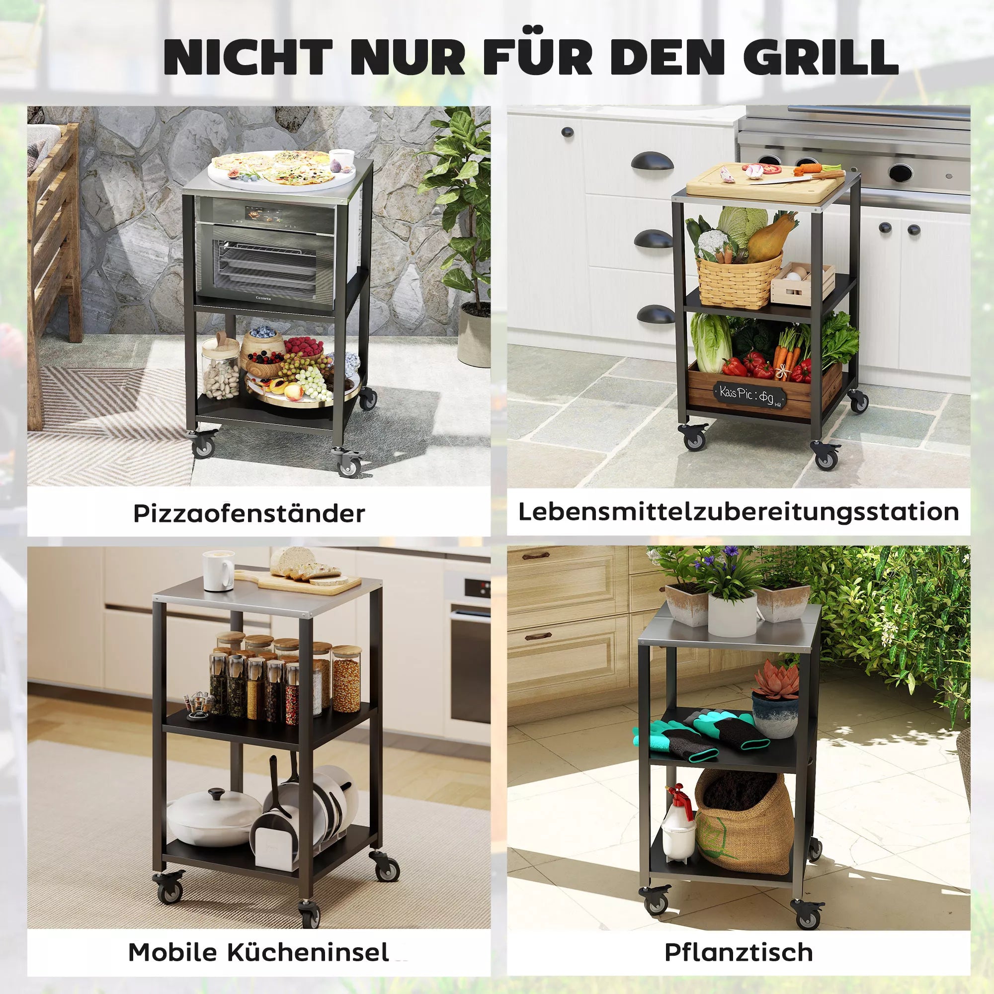 Grillwagen 3-aukštų grilio stalas su nerūdijančio plieno darbo paviršiumi Ratukai mobilusis aptarnavimo vežimėlis 50 x 50 x 90 cm Juodas
