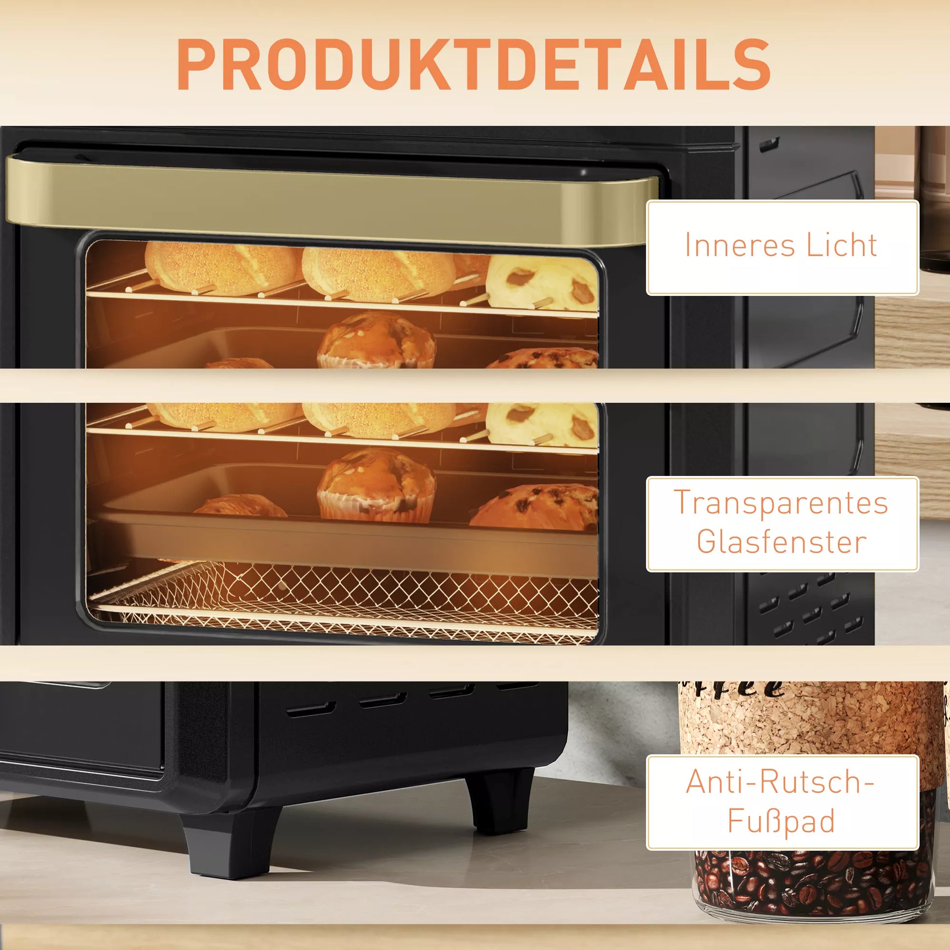 Miniorkaitė su konvekcija, karšto oro gruzdintuvė, laikmatis, vidinis apšvietimas, 10 L, juoda