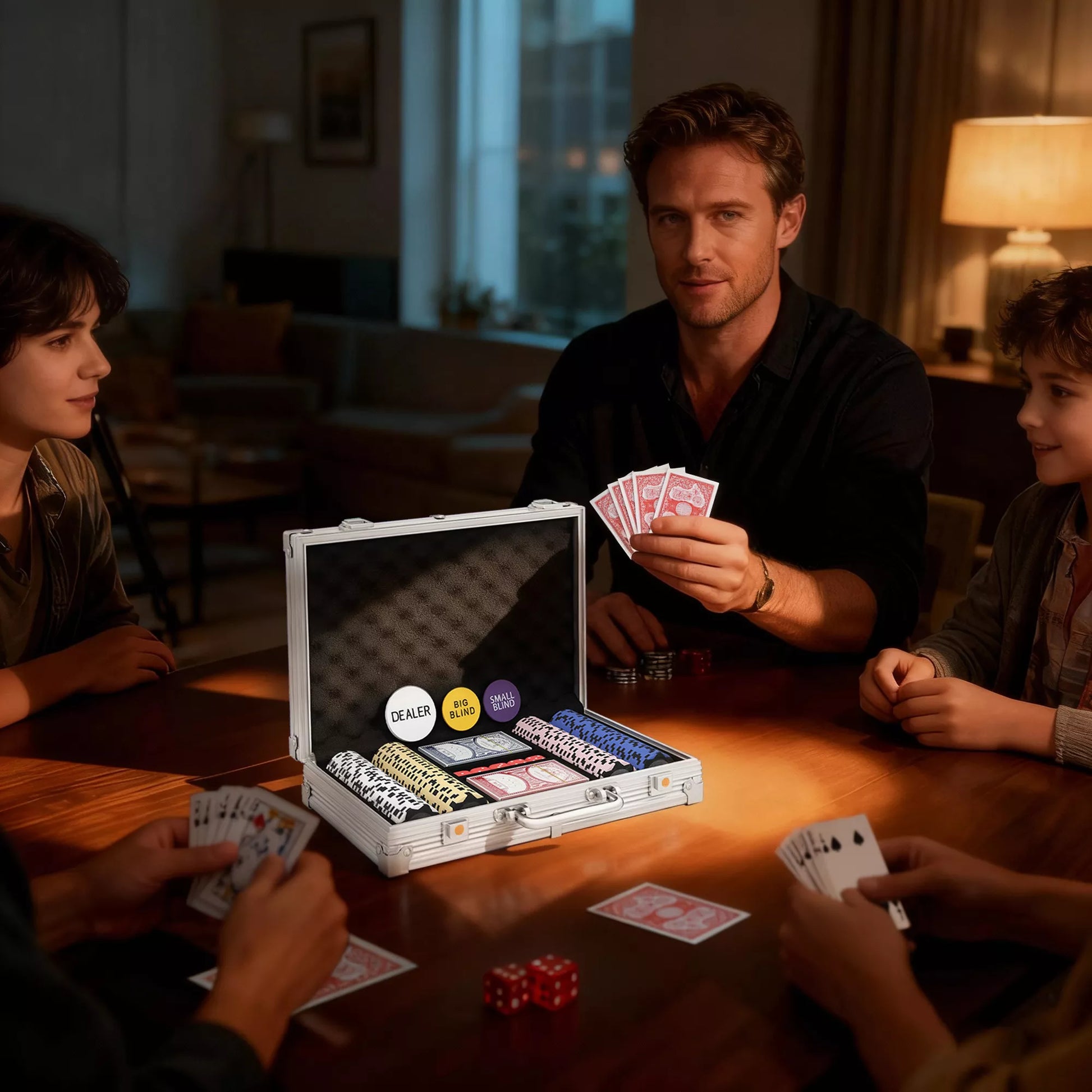 Pokerio žetonų rinkinys lagamine, su kauliukais, „Dealer“ žetonu, 2 kortų kaladėmis, sidabro spalvos