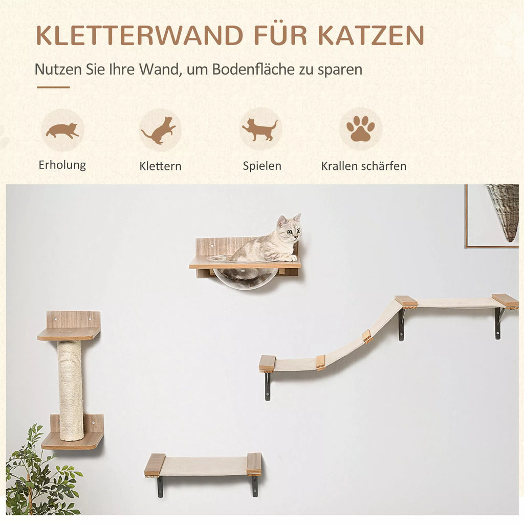 Laipiojimo siena katėms, 4 dalių katėms skirtas laipiojimo sienos rinkinys Katėms skirtos sienos elementai su braižymo medžiu Hamaku Šokimo platforma Braižymo kolona Katėms skirtos laipiojimo ir miego baldai iki 5 kg Šviesiai rudos spalvos