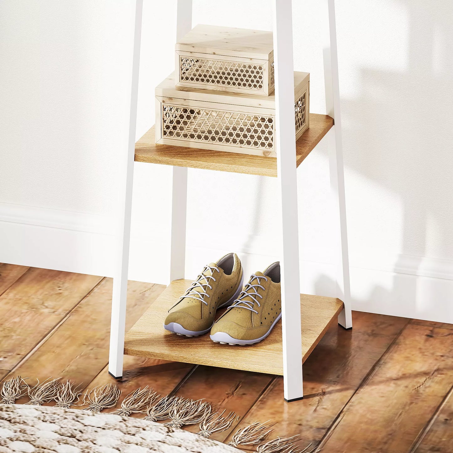 Drabužių kabykla, trapecijos dizainas, trijų pakopų, 8 dvigubi kabliukai, plienas, balta + ąžuolas