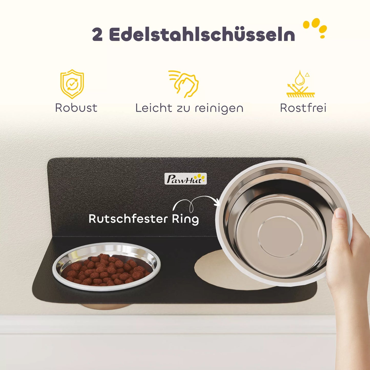 Šunų dubenėlis, reguliuojamas aukščio, tvirtinamas prie sienos, su 2 x 800 ml nerūdijančio plieno dubenėliais, 42 x 23,5 x 14 cm, juodas