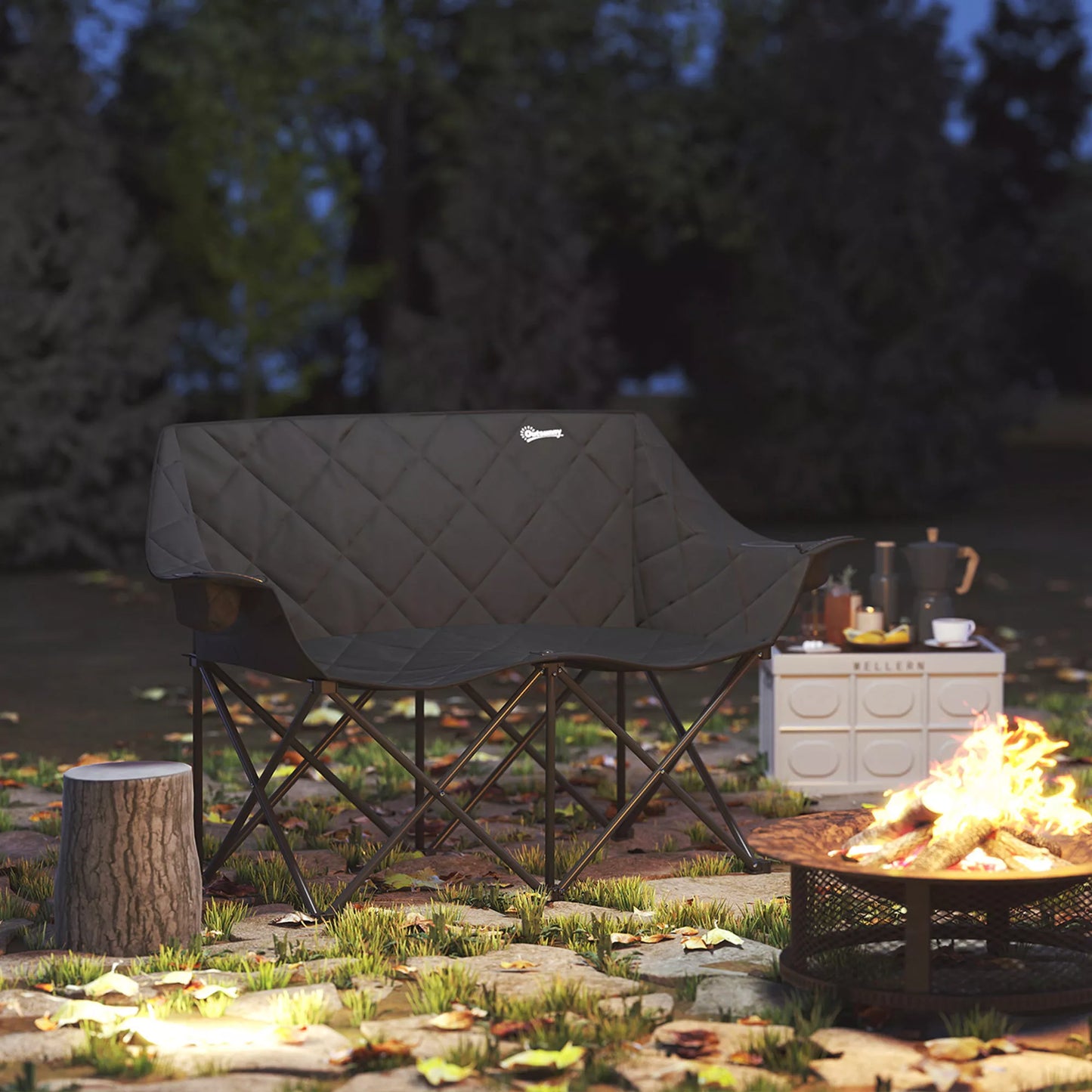 Sulankstomas 2 vietų kempingo kėdė su nešimo maišeliu, skirta naudoti lauke, atlaiko iki 250 kg svorį, 145 x 60 x 92 cm, juoda spalva