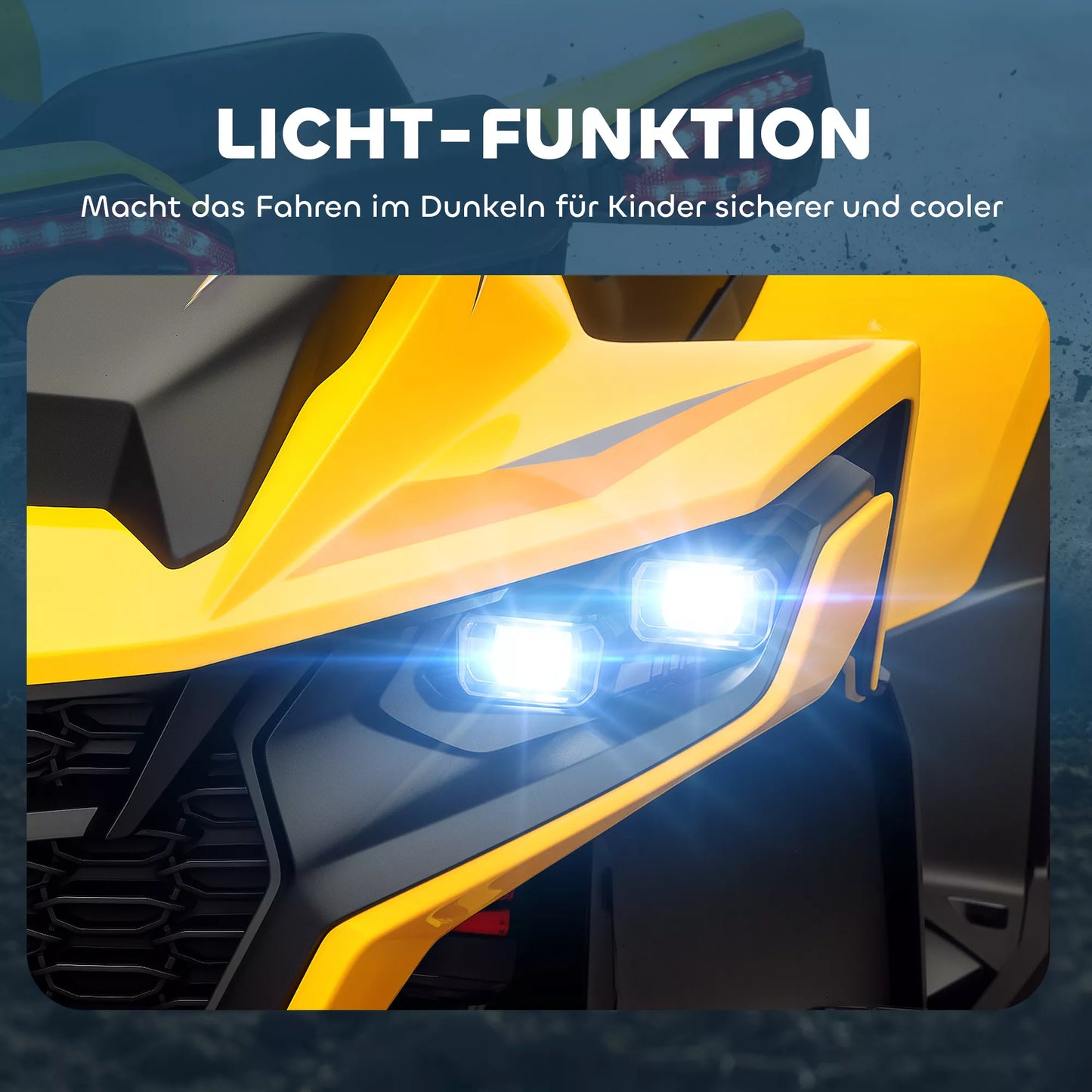 Elektrinis keturratis vaikams, 3-6 km/val., LED priekiniai žibintai, muzika, USB, skirtas 3–8 metų vaikams, geltonas