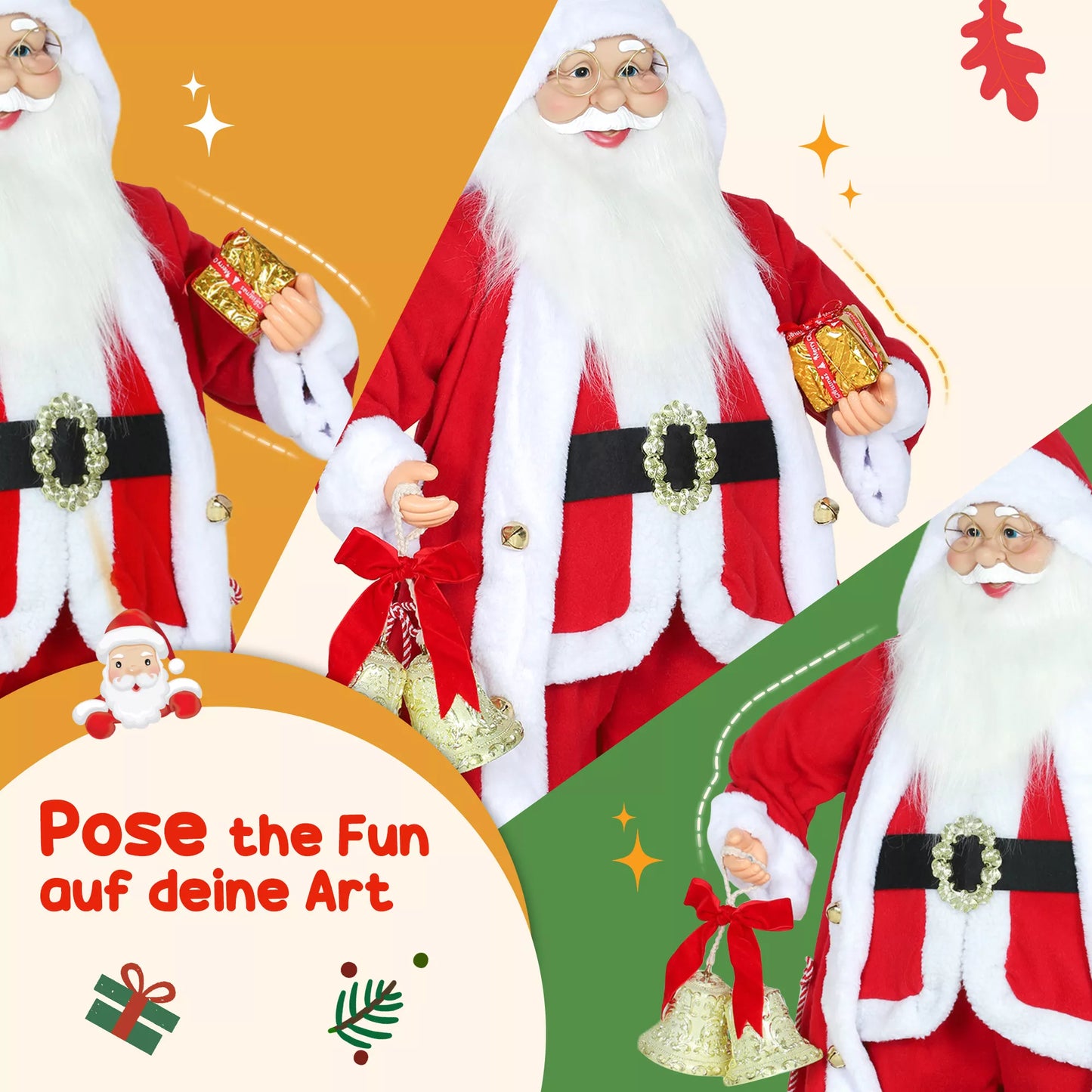 HOMCOM Kalėdų Senelis 1,15 m stovintis su dovana ir kalėdiniu varpeliu, skirtas vidaus patalpoms, Raudona