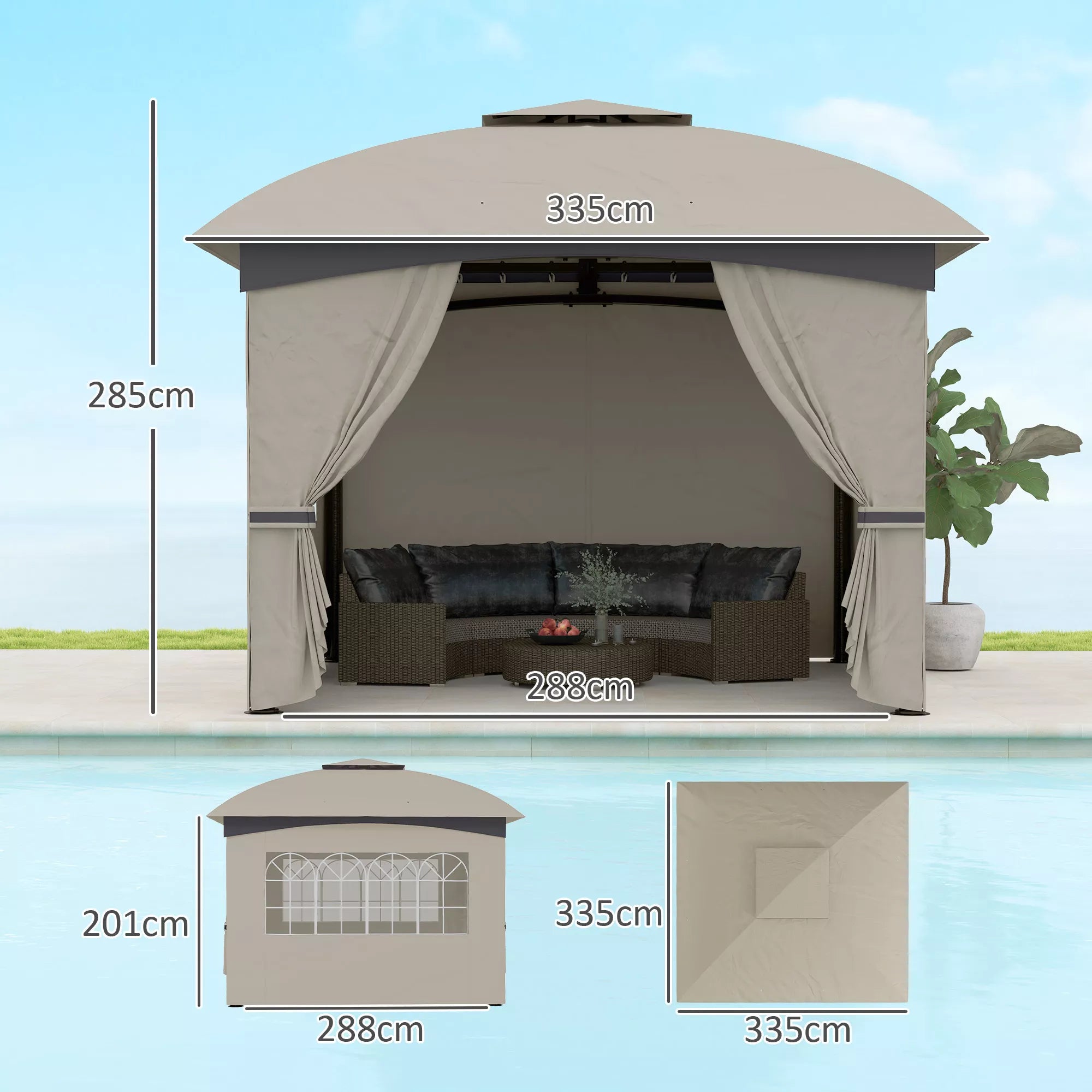 3,4 x 3,4 m sodo paviljonas, alaus palapinė su ventiliacijos stogu, arkinių langų, plieniniu rėmu, šviesiai pilkos spalvos