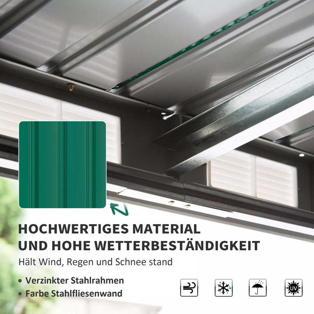 Metalinis įrankių sandėliukas 6,3 m³ 280 x 130 x 172 cm Įrankių sandėliukas su vienšlaičiu stogu Stumdomos durys Atsparus atmosferos poveikiui Sodo namelis Lauko sodo sandėliukas Spinta kiemui Lauko erdvėms Antracitas, tamsiai žalia