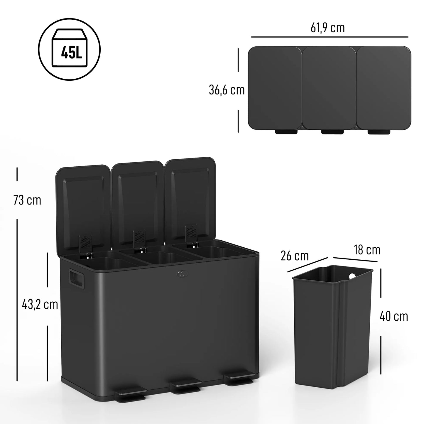 Šiukšliadėžė su 3 x 20 l skyreliais, dezodoranto dangčiu, apsaugota nuo pirštų atspaudų, minkštu uždarymu, išimama, juoda