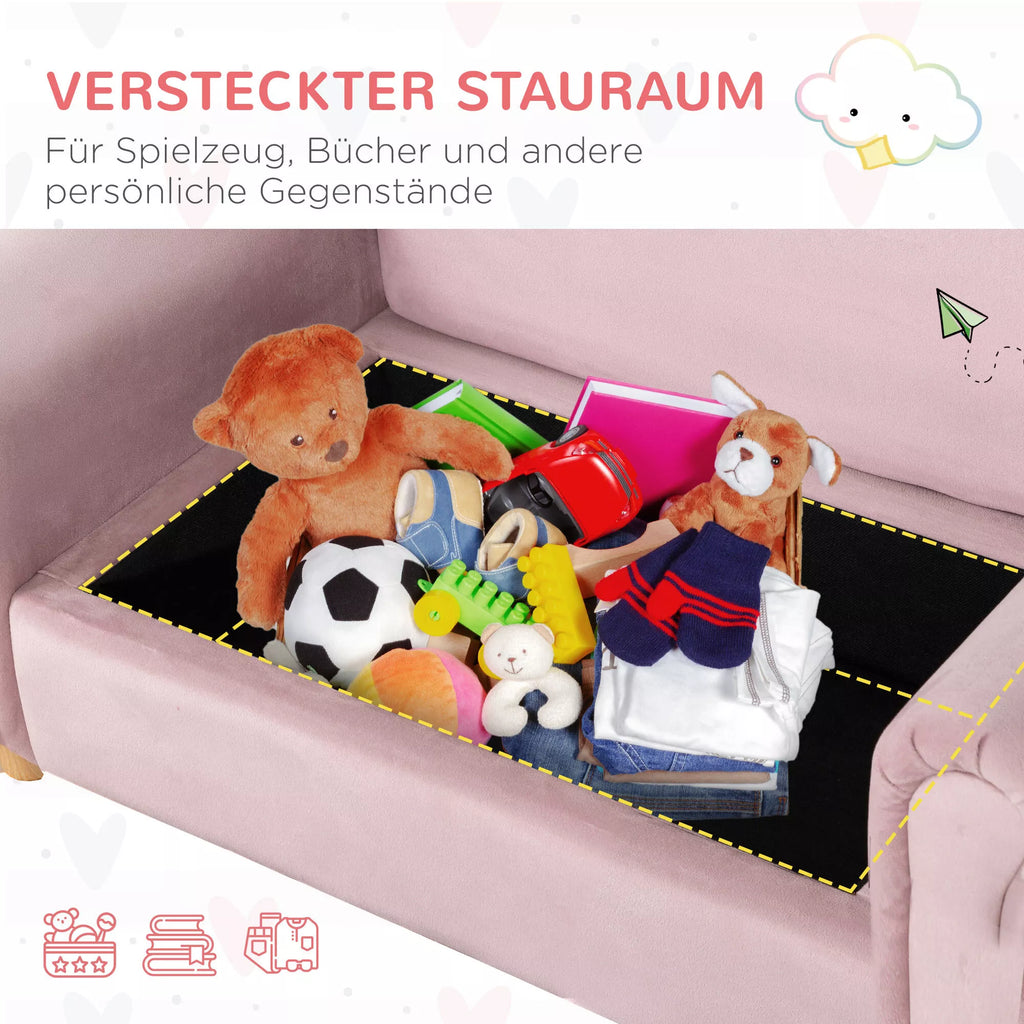 Vaikiškas sofos komplektas, dvivietė sofa vaikams nuo 3 iki 5 metų, daiktų laikymo dėžė, natūralaus medžio rėmas, 84 x 41,5 x 48,5 cm, rožinė