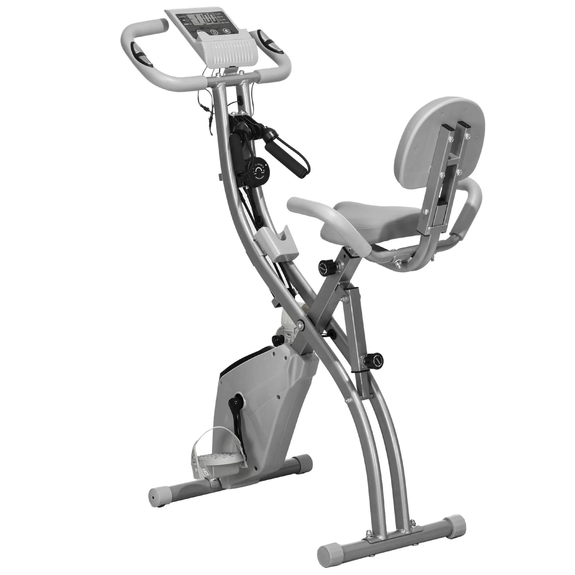 X-Bike 2-in-1 dviračių treniruoklis su LCD ekranu, širdies ritmo monitoriumi, sulankstomas namų treniruoklis su 8 pakopų magnetine varža, 1 poros pasipriešinimo gumos, plienas, pilka spalva, 105x48x118 cm