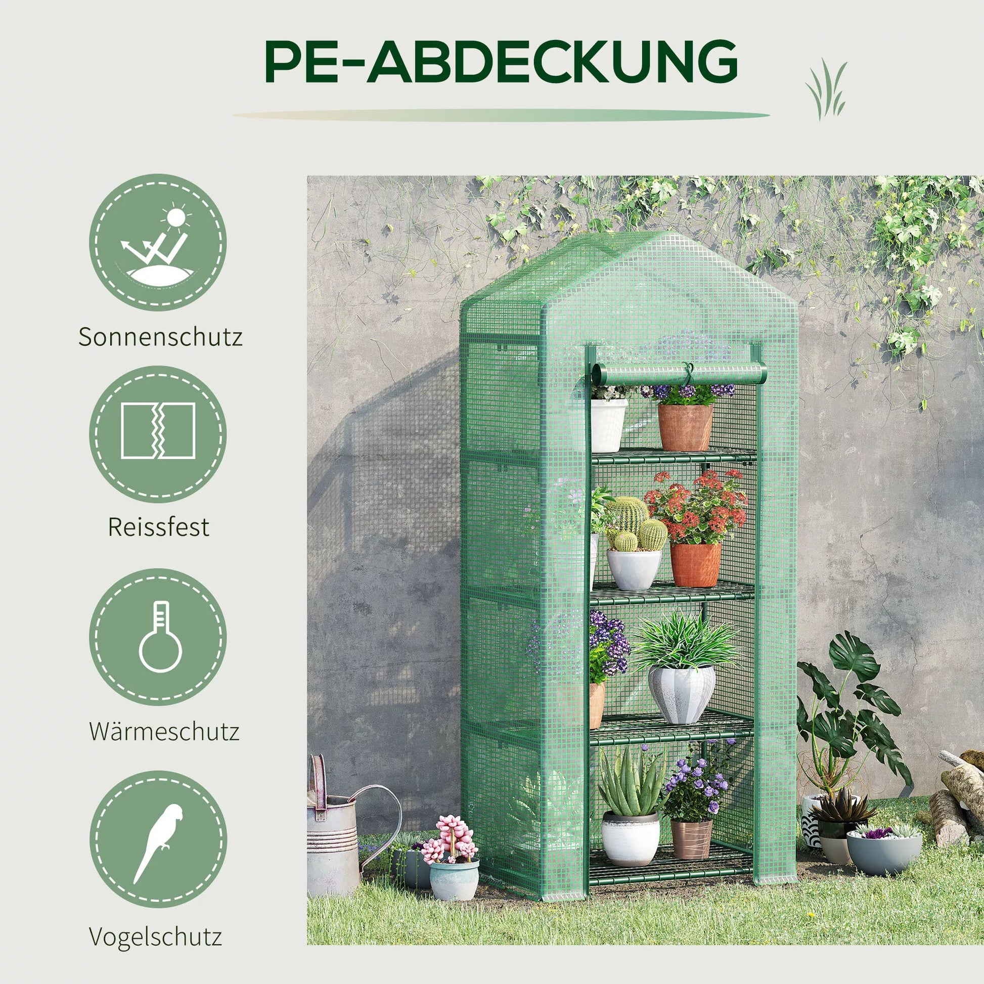 Plėvelinis šiltnamis, šiltnamis, mini šiltnamis, augalų namelis, ankstyvasis lysvynas, 4 lentynos, 70 x 50 x 160 cm, tamsiai žalias