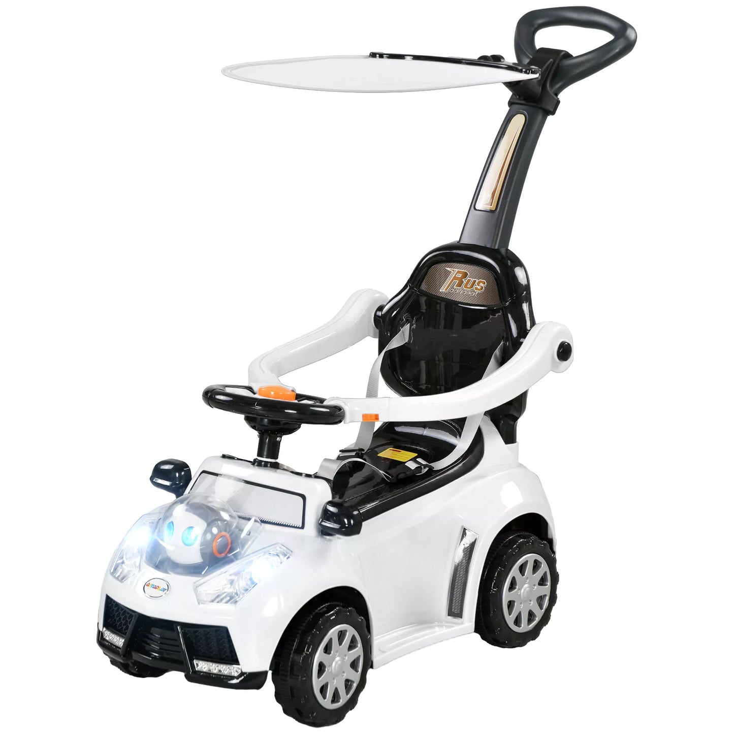 2-in-1 paspiriama mašinėlė, nuimamas stogelis, šviesos, muzika, garsinis signalas, plastikas ir metalas, 96 x 39 x 90 cm, balta/juoda