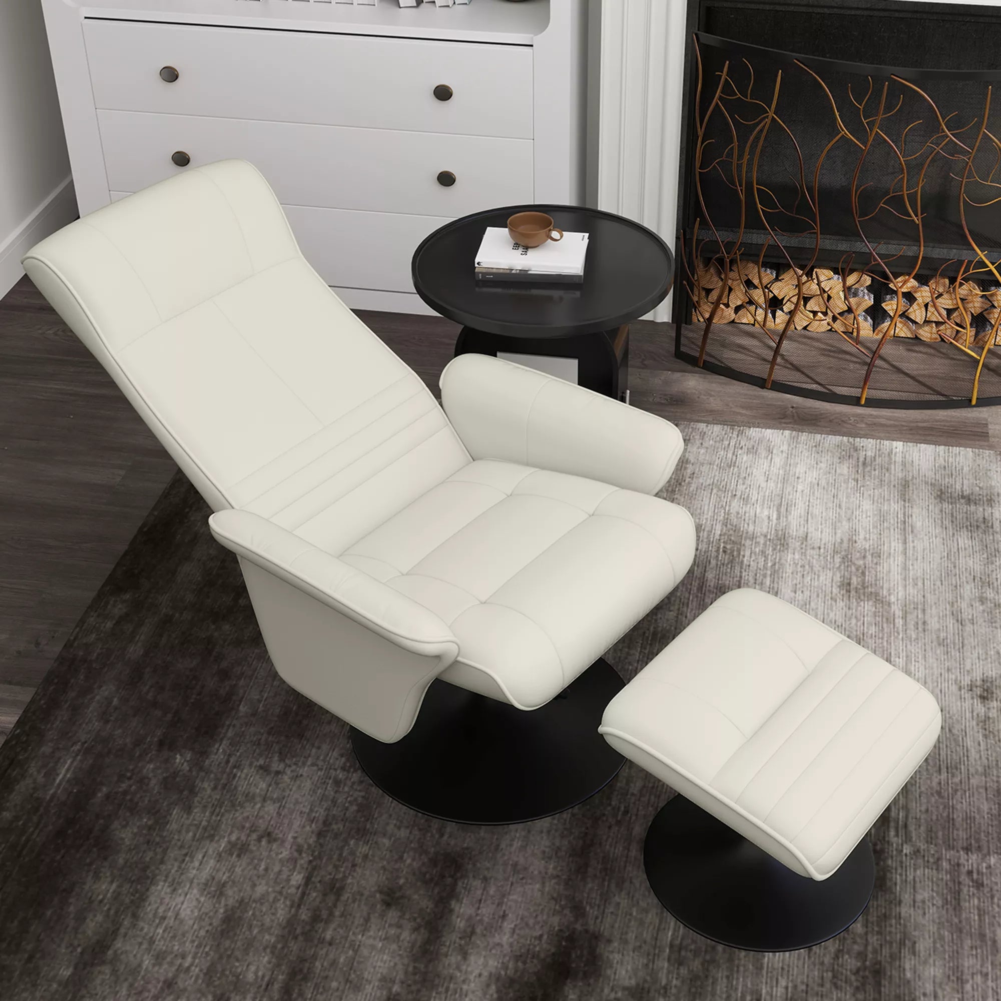 Sofa su atorama, televizijos kėdė su pakoja, besisukanti, ergonomiška, mikropluošto išvaizda, iki 150 kg, kreminės baltos spalvos