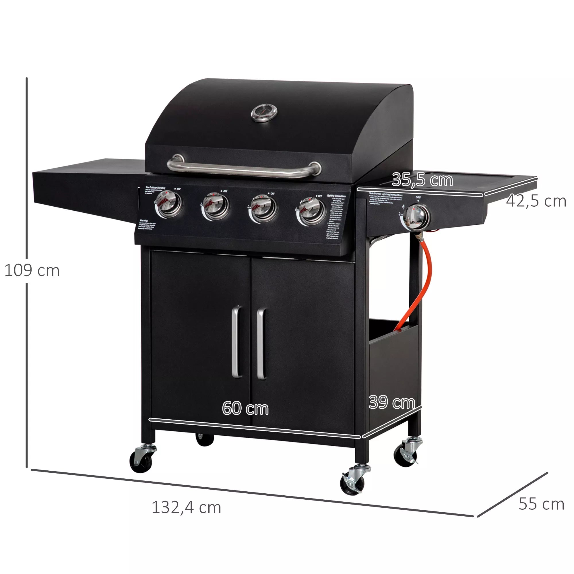 Dujinis grilis BBQ su 3 degikliais, kiekvienas po 3 kW Mobilus grilio vežimėlis su 4 ratais Grilio tinklelis Šoniniai stalai Slėgio mažintuvas Žarnos Spintelė Daugiafunkcinis Metalo Juodas 132,4 cm x 55 cm x 109 cm