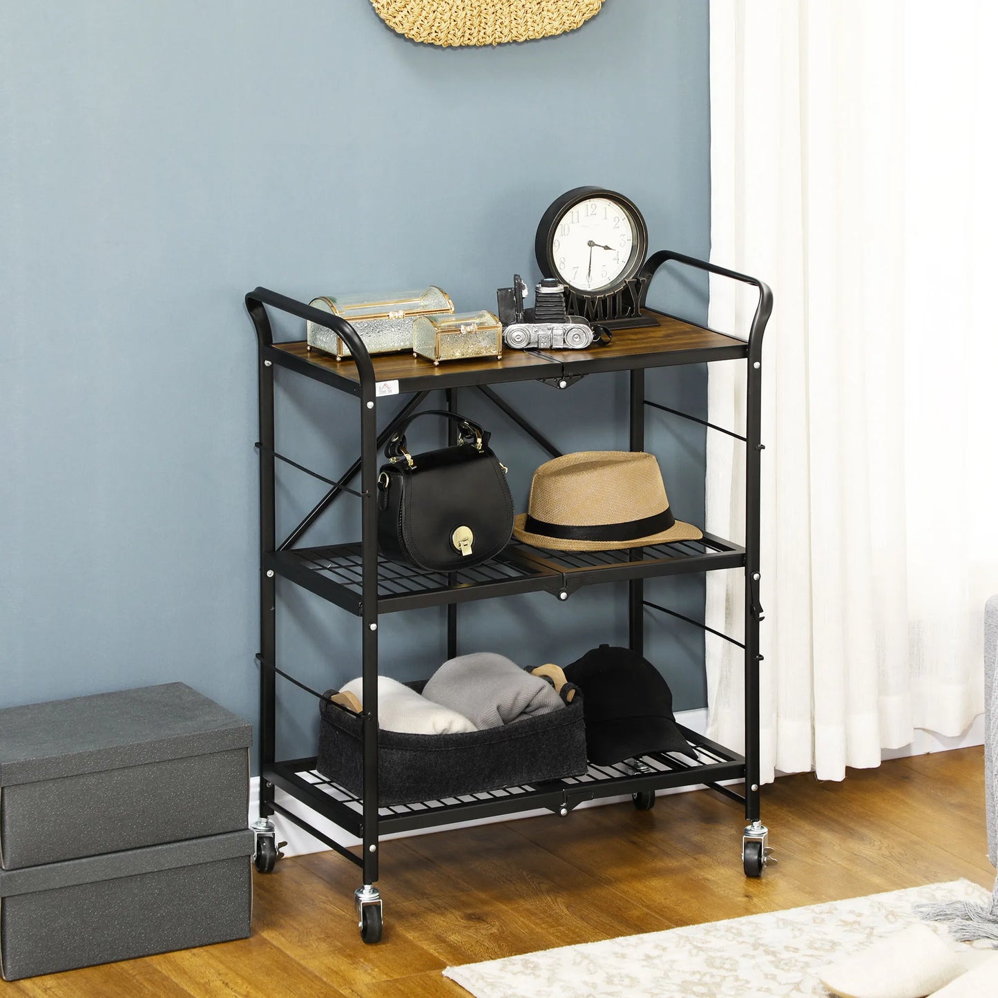 Pramoninio dizaino virtuvės vežimėlis, su 3 lentynomis, daugiafunkcis, patiekalų vežimėlis, 4 ratai, sulankstomas, rudas + juodas