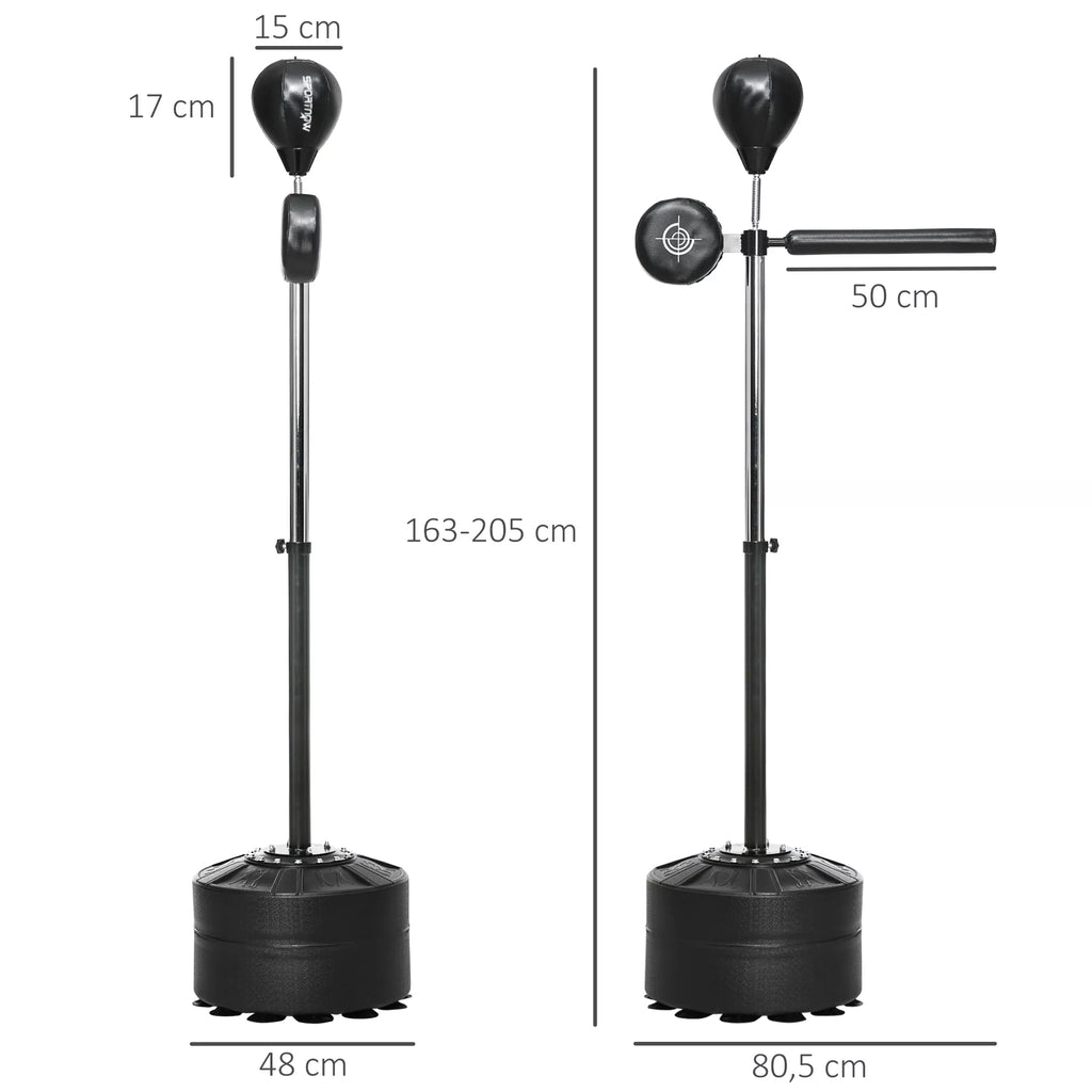 Aukščio reguliuojamas bokso kriaušė, pasukama 360°, su bokso pirštinėmis, juoda, 80,5 x 48 x 163–205 cm