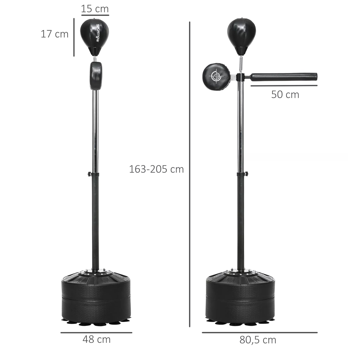 Aukščio reguliavimo bokso kriaušė, 360° besisukanti, su bokso tvarstikliais, juoda, 80,5 x 48 x 163-205 cm