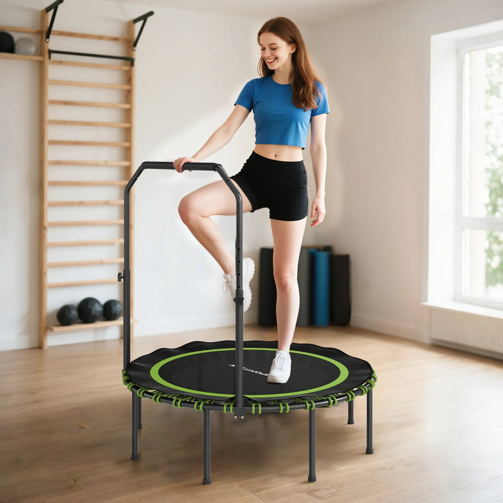 Fitness batutas su reguliuojamu turėklu, sportinis batutas naudoti viduje ir lauke, plienas, plastikas, žalias