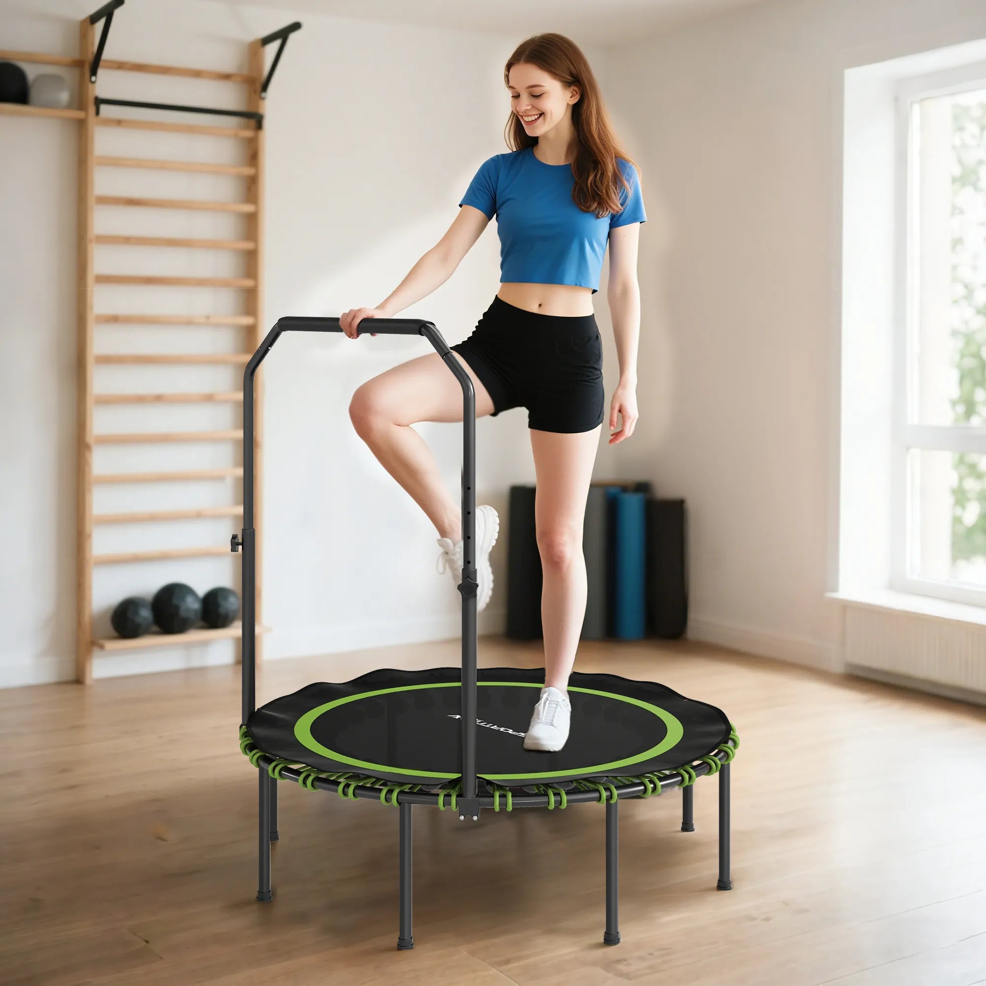 Fitness batutas su reguliuojamu turėklu, sportinis batutas naudoti viduje ir lauke, plienas, plastikas, žalias