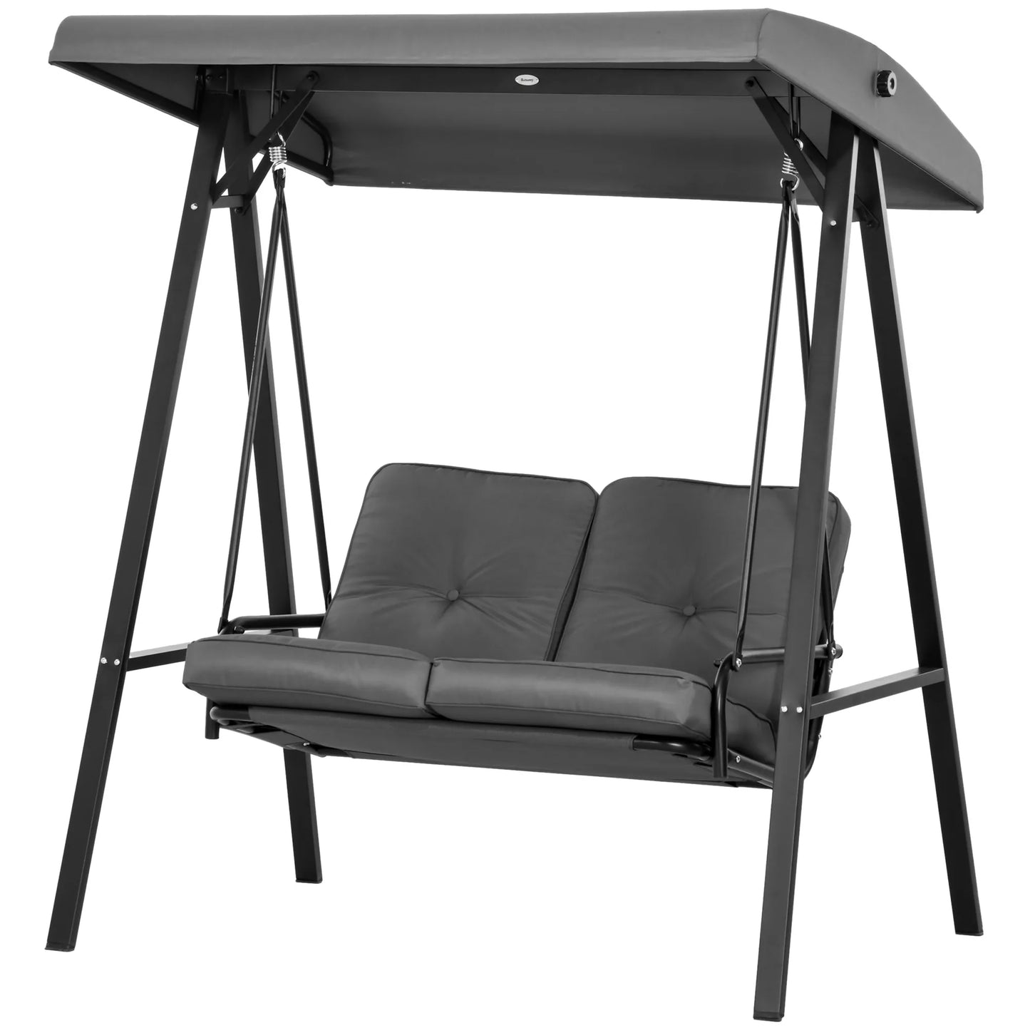 Holivudo sūpynės, 2 vietos sodo sūpynės su reguliuojamu stogu, atlaiko iki 220 kg svorį, 145 x 116 x 172 cm, tamsiai pilkos spalvos