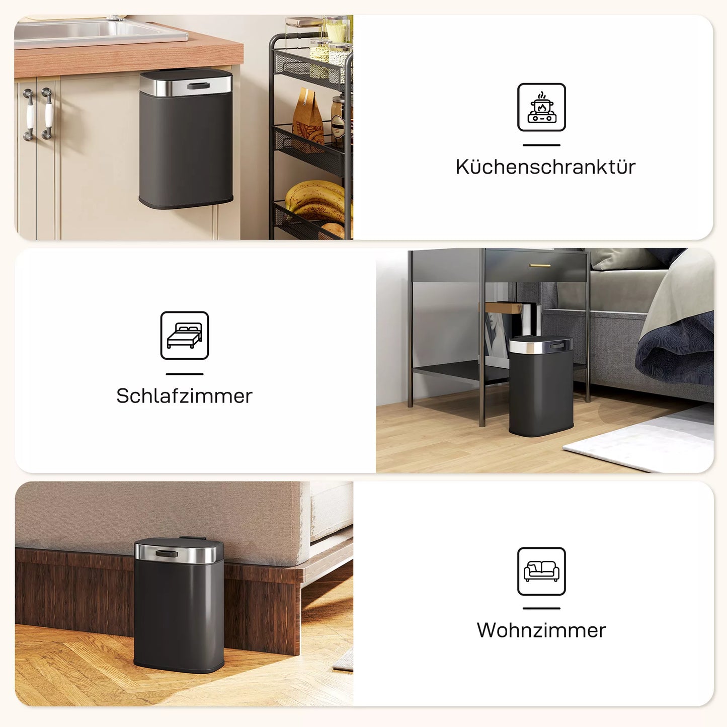 Šiukšliadėžė, nerūdijančio plieno virtuvės šiukšliadėžė su atviru dangčiu, išimamas vidinis konteineris, 21,5x19,5x30 cm, juoda