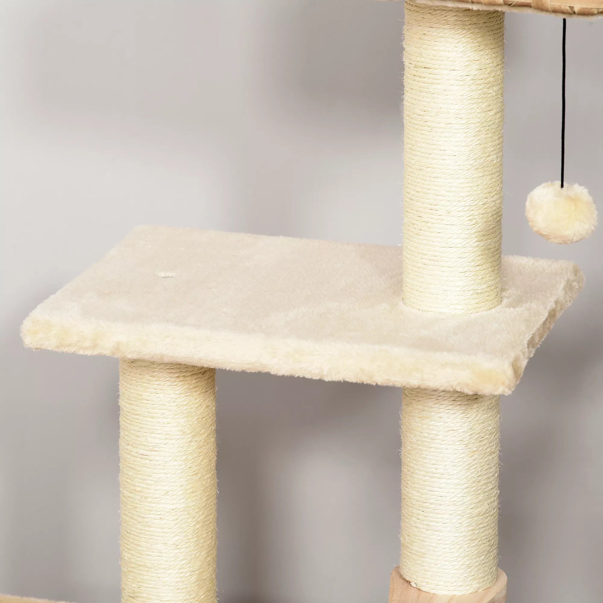 Rotango katės medis, kačių draskyklė, baldai kačiukams su būdele, kamuoliuko žaislas, sizalis, minkštas pliušas, PE, aukštis 108 cm, ruda+smėlio