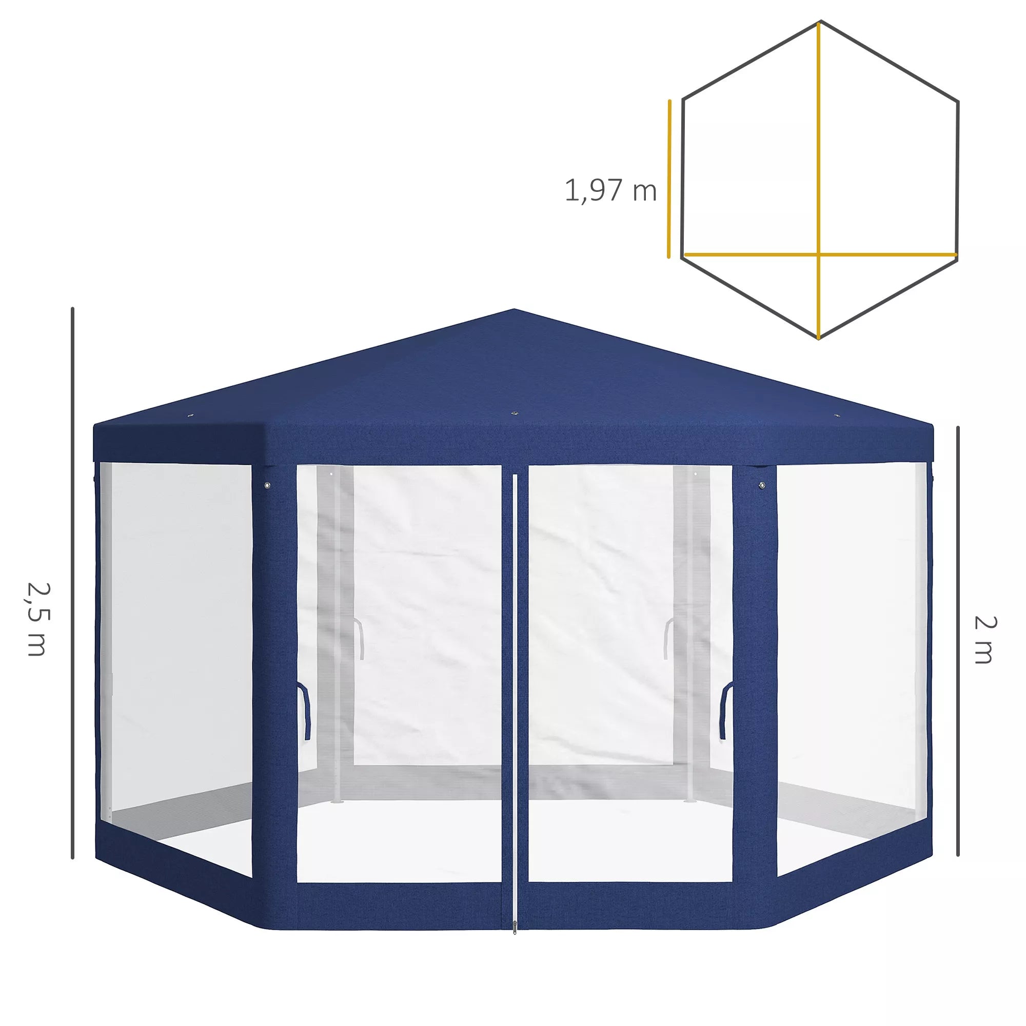 Sodo paviljonas, šešiakampis, tinklinės užuolaidos, metalinis rėmas, 3,94 x 3,412 x 2,5 m, mėlynas