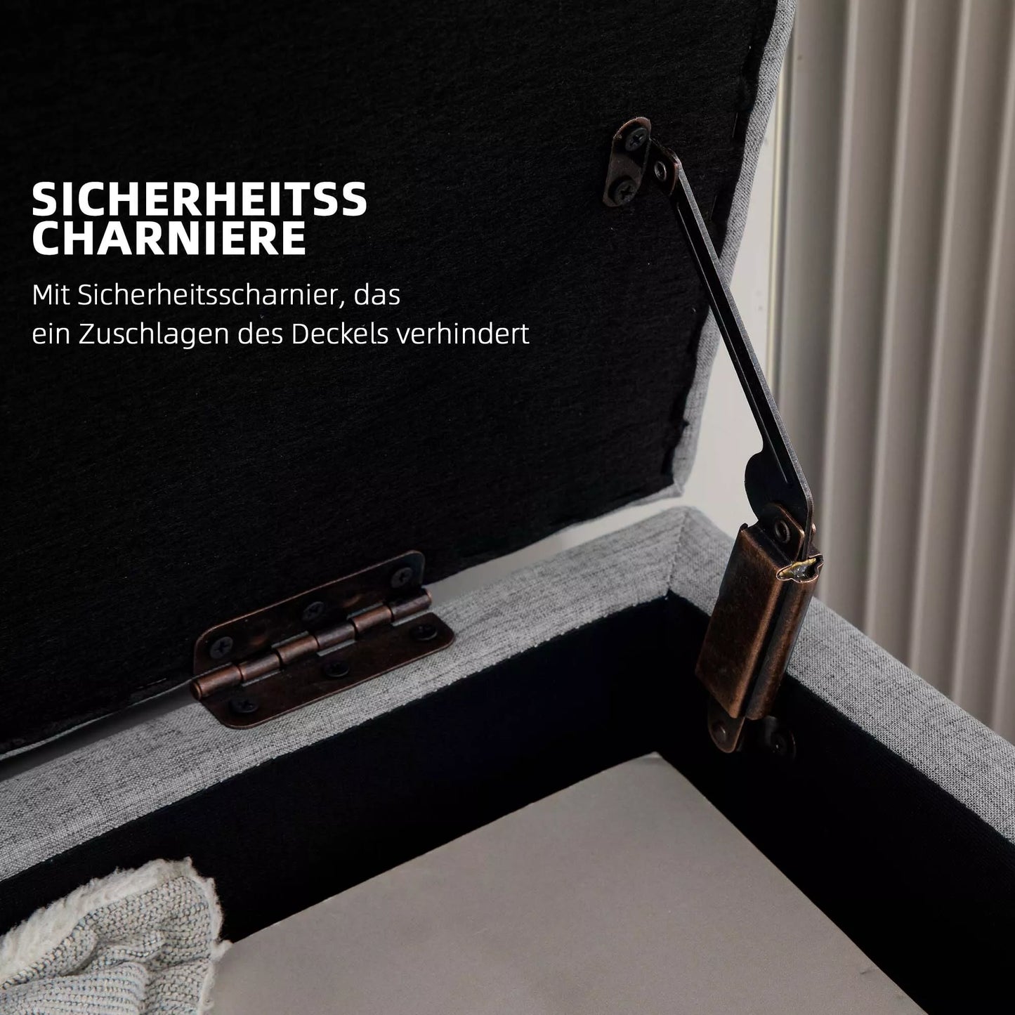 Sėdimoji su daiktadėže, apmušalas su lino imitacija, kaučiuko medienos kojelės, iki 220 kg, 110x39x45cm, pilka