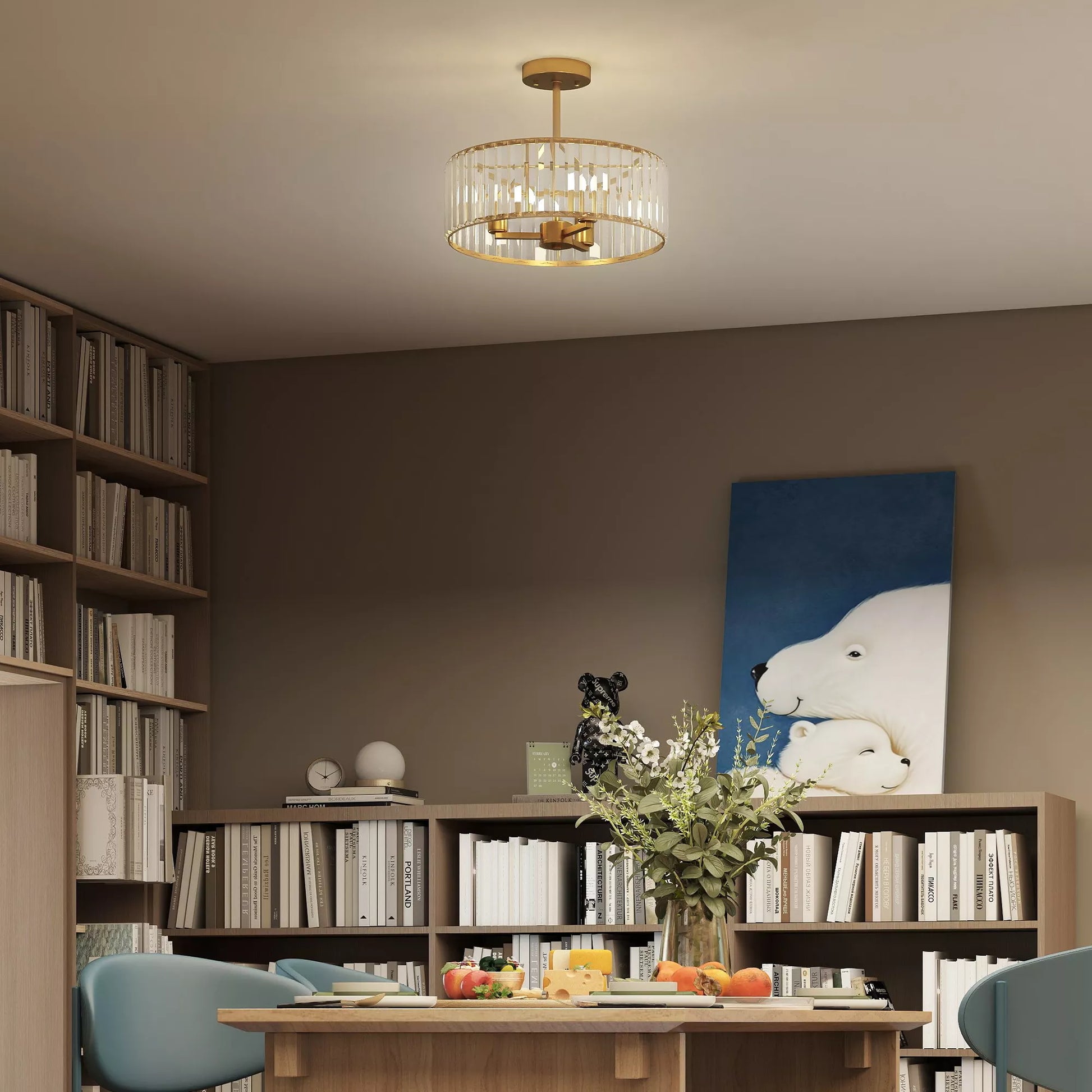 Sieninis šviestuvas, šviestuvas-sąvaros dizainas, kristalinis gaubtas, 3 lemputės, metalas, aukso spalvos