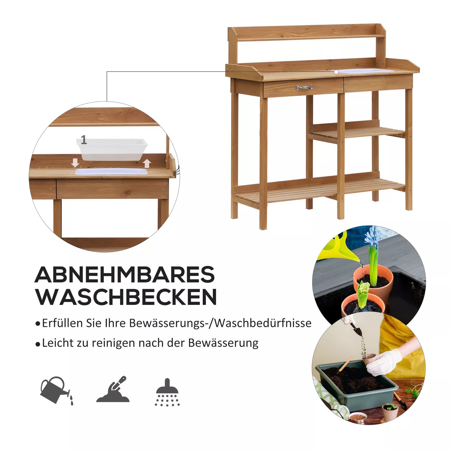 Sodinimo stalas, daržo stalas su praustuve, lauko stalas iš eglių medienos, natūralus, 117 x 45 x 121 cm