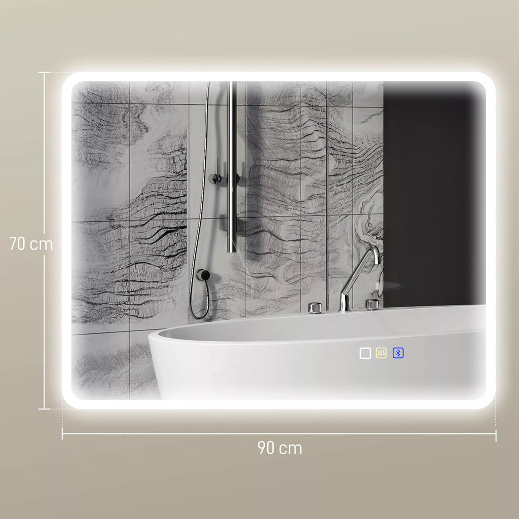 Vonios veidrodis su LED apšvietimu ir Bluetooth 70 x 90 cm, su lietimui jautriu jungikliu, reguliuojama 3 spalvų temperatūra, apsaugantis nuo rasojimo, su atminties funkcija, sidabrinis