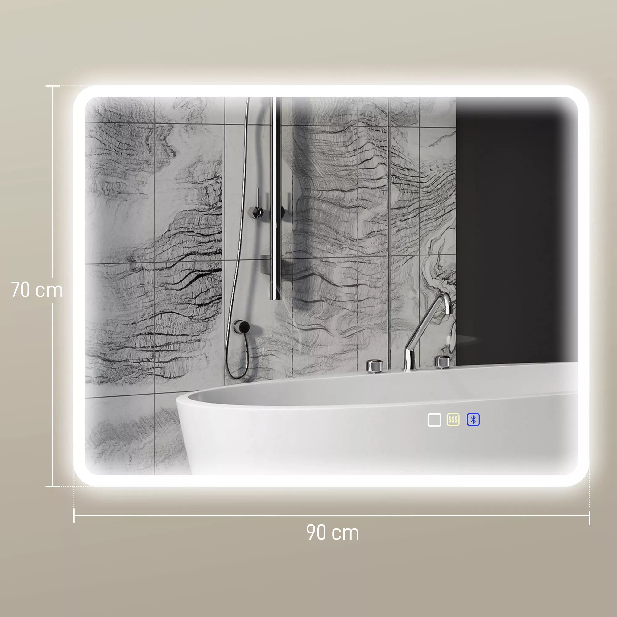 Vonios veidrodis su LED apšvietimu ir Bluetooth 70 x 90 cm, su lietimui jautriu jungikliu, reguliuojama 3 spalvų temperatūra, apsaugantis nuo rasojimo, su atminties funkcija, sidabrinis