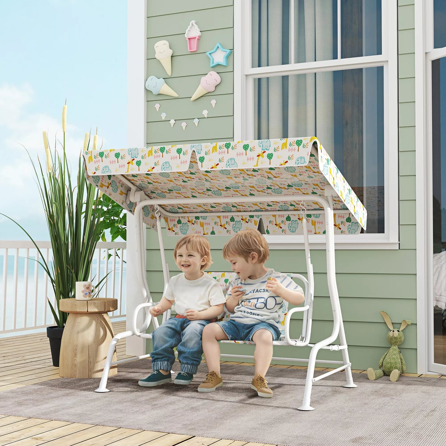 Vaikiškos supynės, plieninis rėmas, 2 vietų, atlaiko 60 kg, baltos