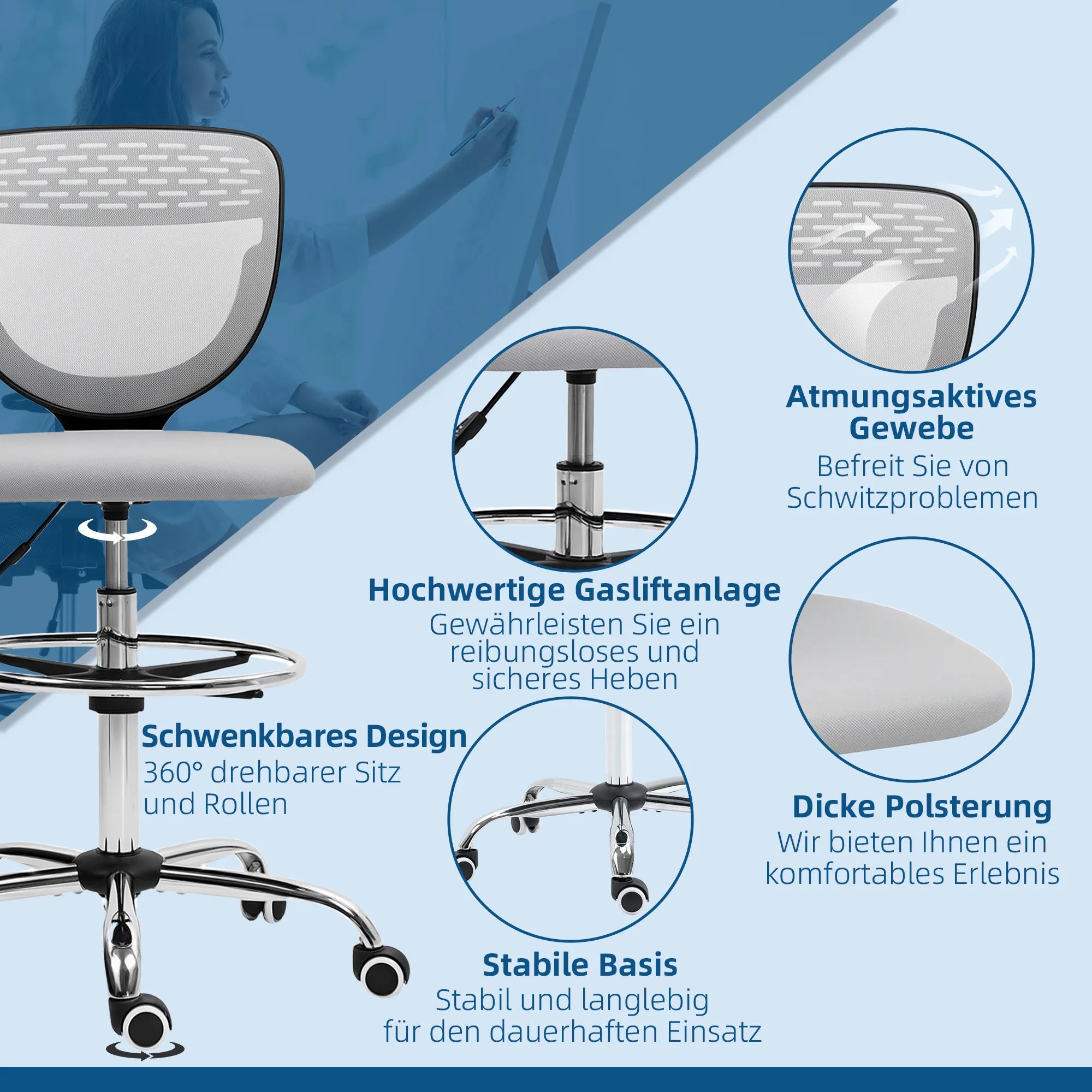Ergonominis darbo kėdė poliesteris 106-126 cm reguliuojamo aukščio šviesiai pilka