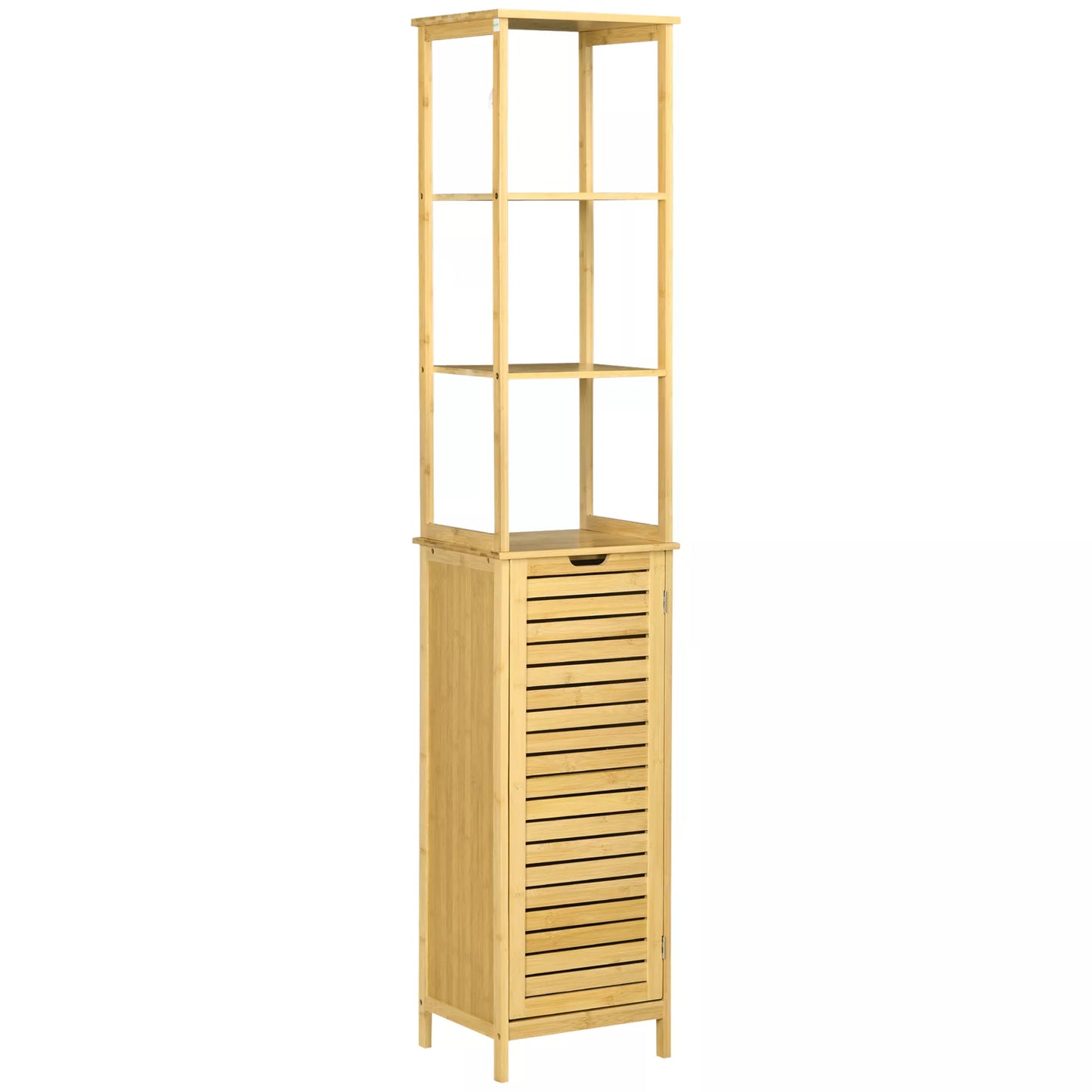 Vonios spintelė, aukšta spintelė, trys lentynos, vienas skyrius su žaliuzių durimis, apsauga nuo apsivertimo, bambukas, 34 x 30 x 173cm