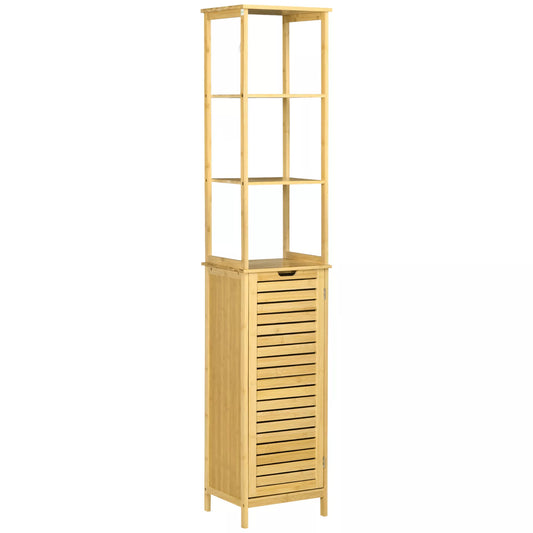 Vonios spintelė, aukšta spintelė, trys lentynos, vienas skyrius su žaliuzių durimis, apsauga nuo apsivertimo, bambukas, 34 x 30 x 173cm