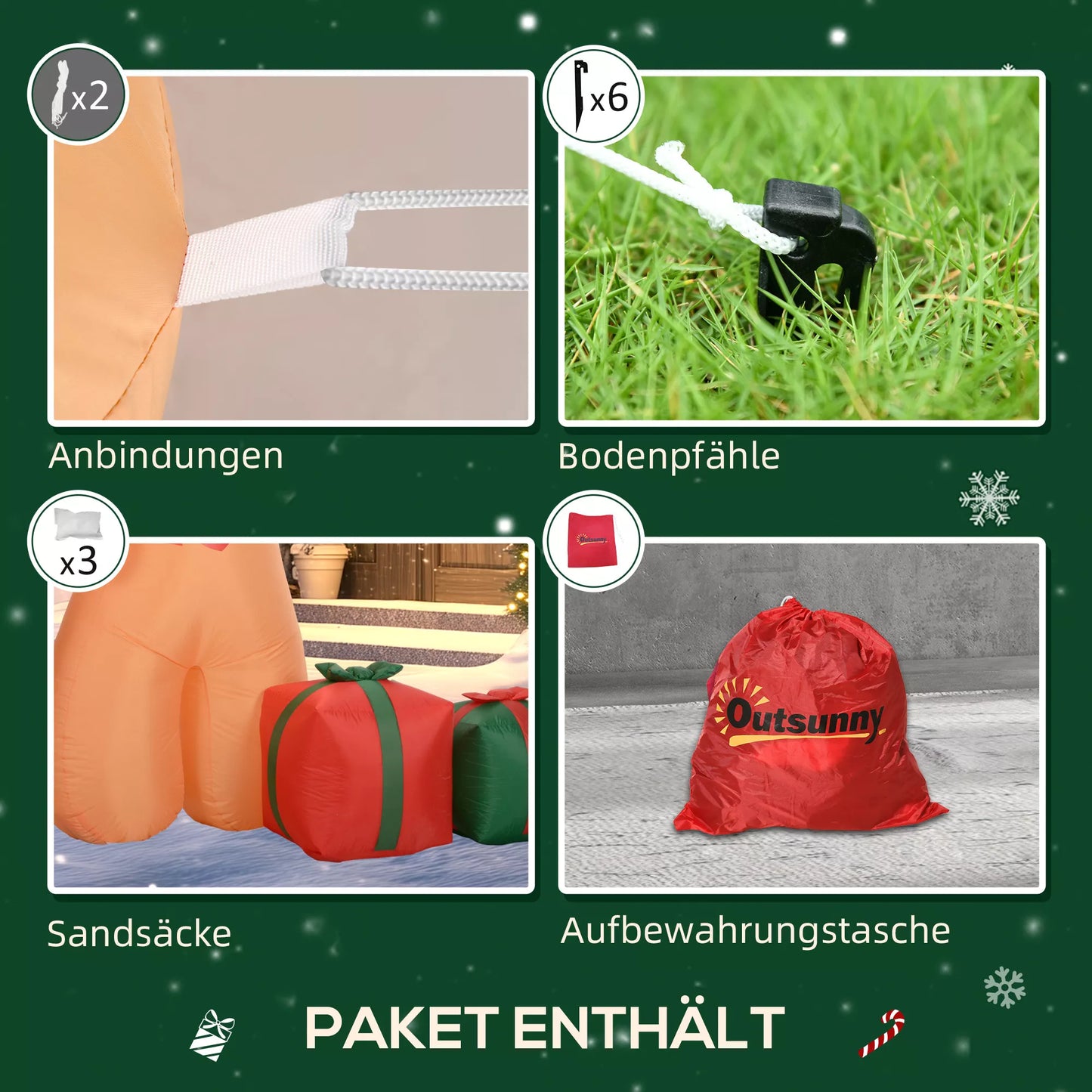 Outsunny Pripučiamas meduolių žmogeliukas su pagaliuku, 2,45 m aukščio, su baltu LED apšvietimu, 170 x 100 x 245 cm