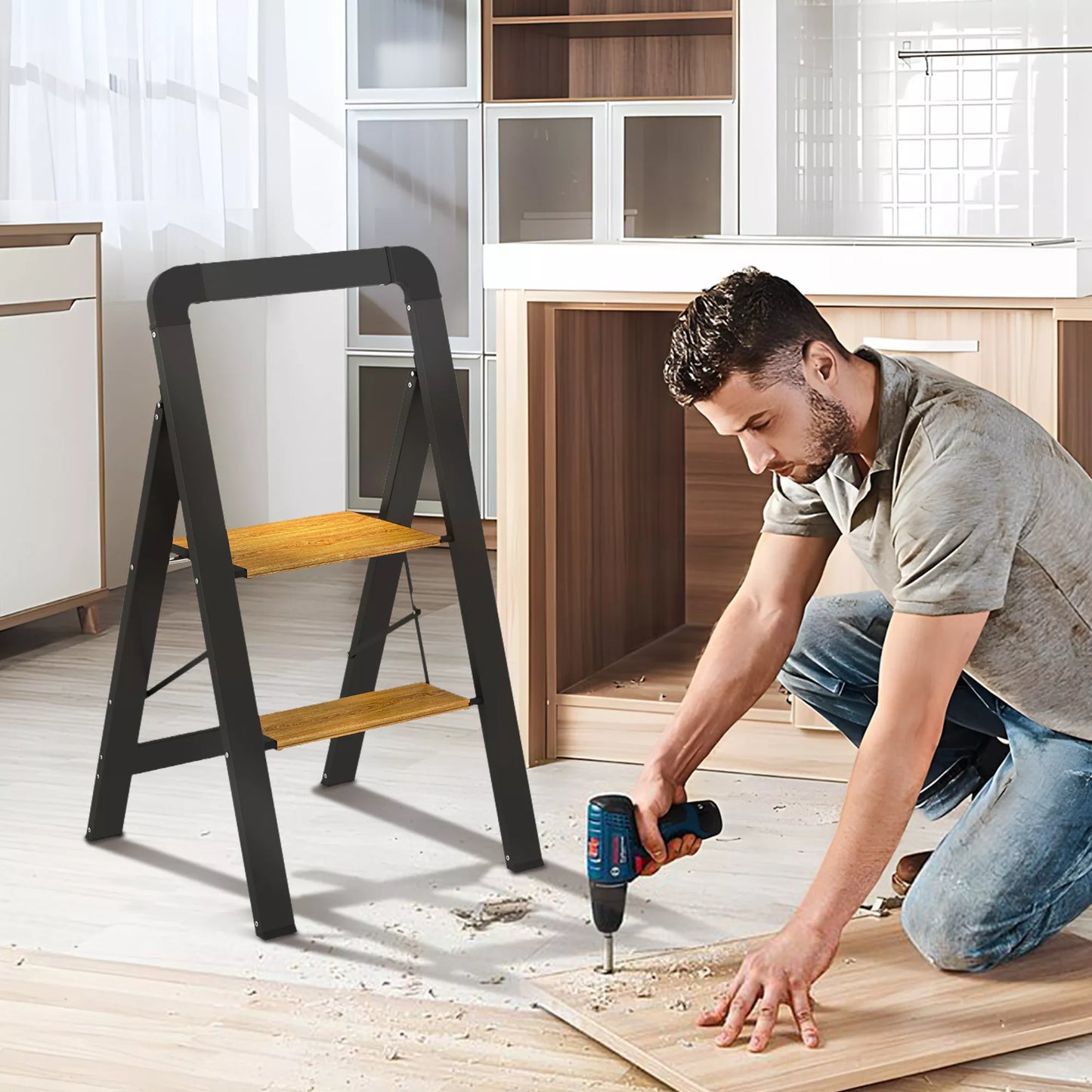 Dvipakopės kopetėlės, metalinės, sulankstomos, neslystanti platforma, juodos