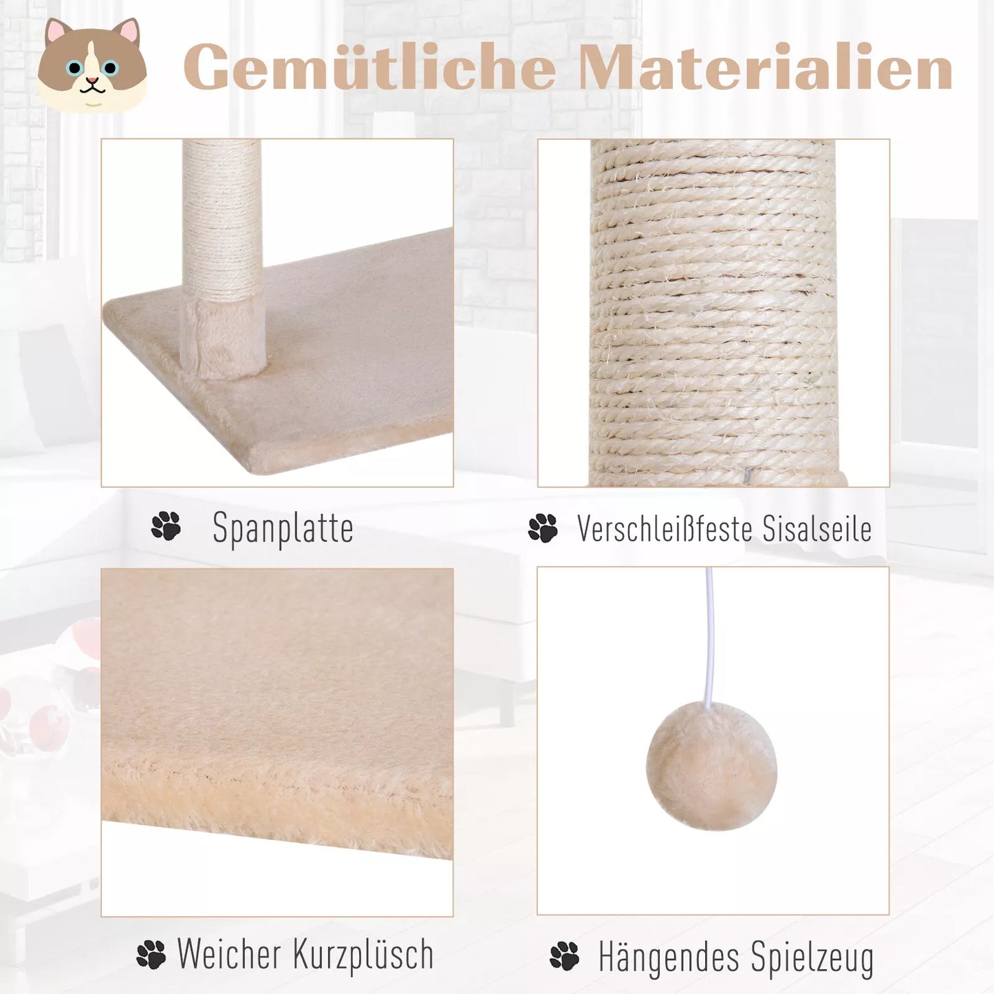 Kačių medis / braižymo medis su sisalio stulpeliu, pliušiniu hamaku, medžio drožlių plokšte, smėlio spalvos, 50 x 36 x 70 cm