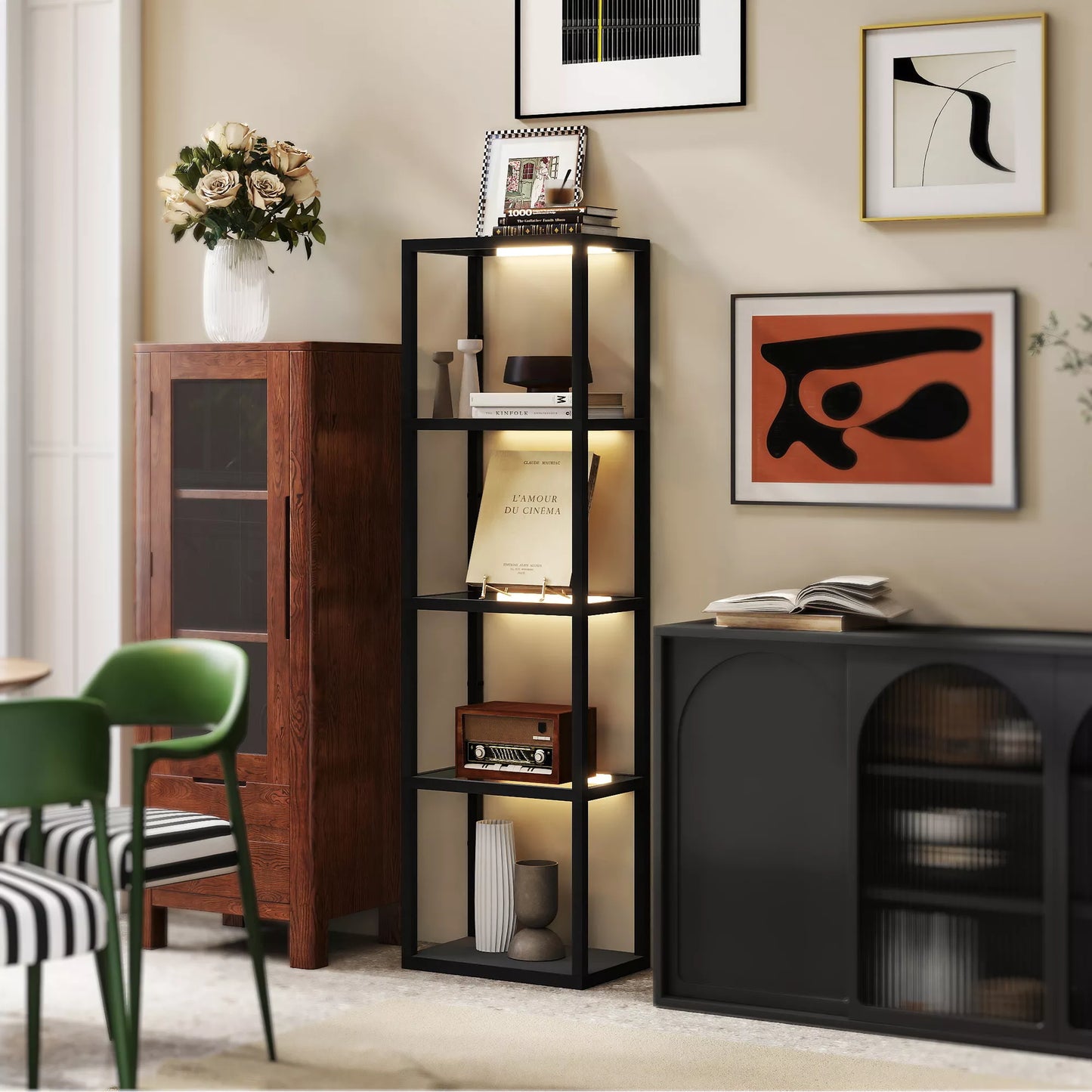 LED stovas su 4 pakopų lentynėle, apšviesta lentynėlė su 4 stikliniais skyreliais, pėdų jungiklis, MDF, juoda